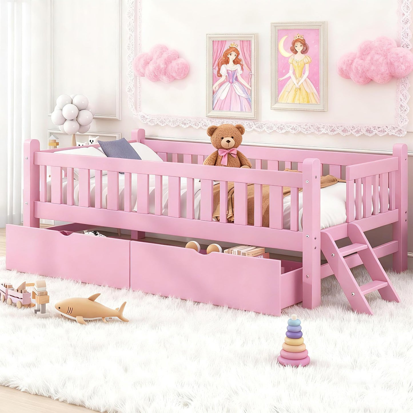 Bellemave Twin Size Kids Montessori Bed with Stairs,Solid Wood Twin Size Kids Bed Frame with Storage Drawers for Girls Boys,Low-Profile,Pink