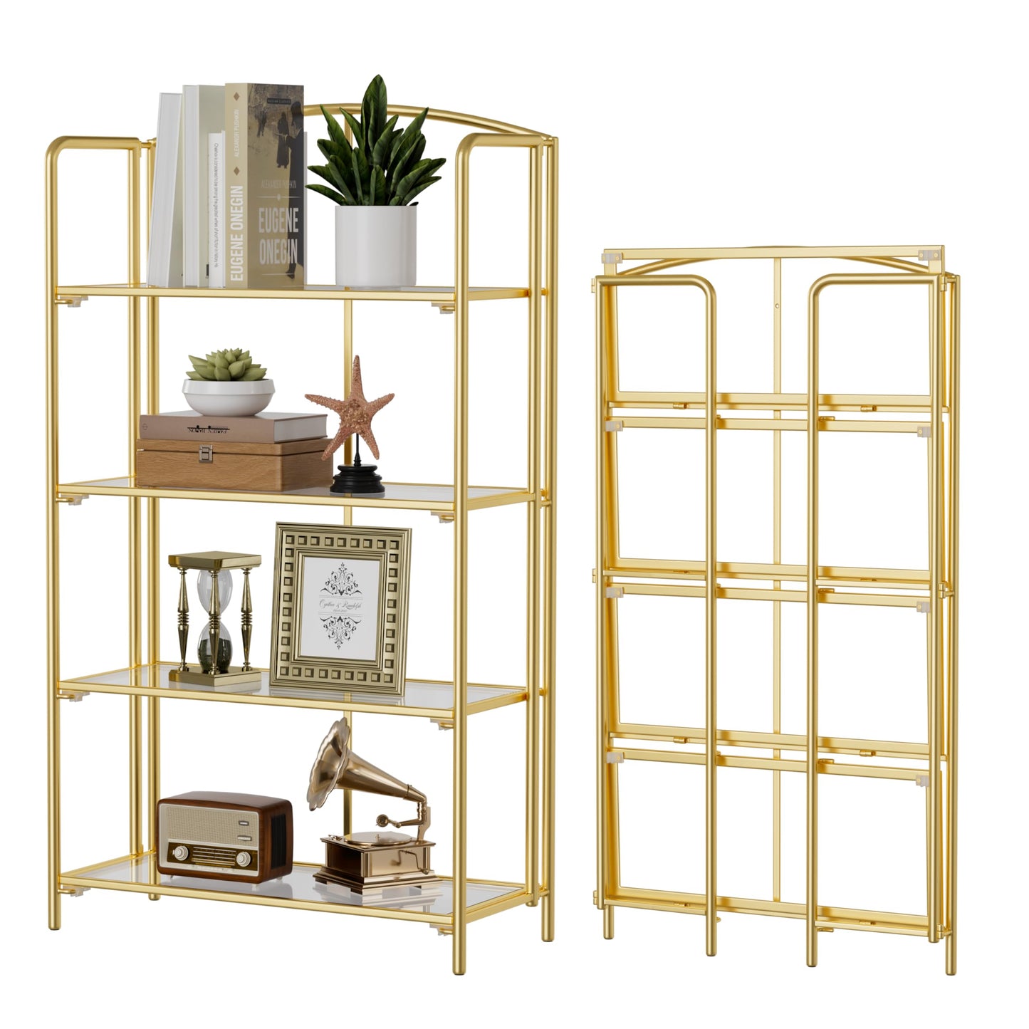 Crofy 4-Tier Wider Foldable Bookshelf, Gold Frame & Transparent Shelves