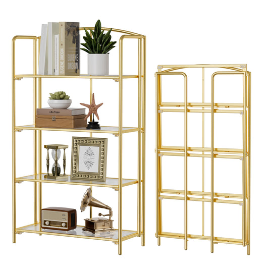 Crofy 4-Tier Wider Foldable Bookshelf, Gold Frame & Transparent Shelves