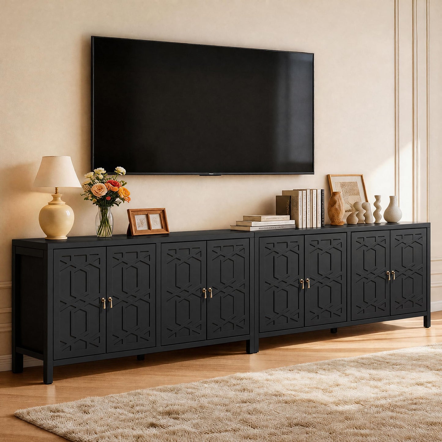 RoyalCraft Buffet Cabinet with Storage, 60" W Modern Coffee Bar Sideboard with 4 Doors & Adjustable Shelves, Painted Wooden Credenza for Dining Room, Kitchen, Living Room, Entryway, Black