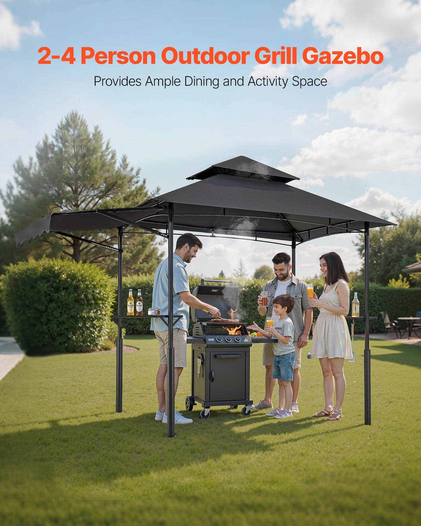 VEVOR Grill Gazebo, 8x5 ft BBQ Gazebo with Extra Awning, Double-Tiered Outdoor Grill Shelter, Thickened Support Legs, Powder-Coated Steel Grilling Canopy with Side Shelves, Bottle Opener & Hooks