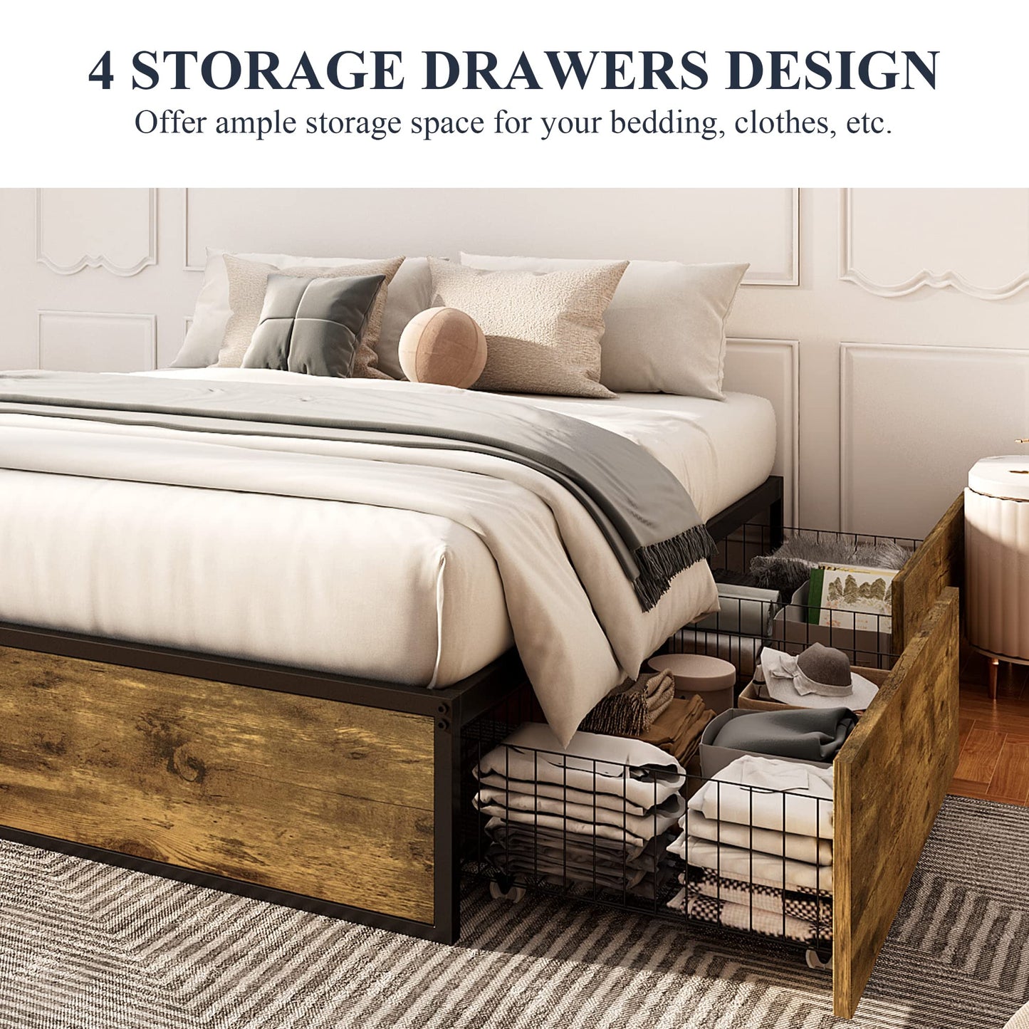 Allewie Industrial Storage Bed with Drawers, Wooden Metal Platform, Sturdy & Noise-Free, Modern Full Size for Bedroom & Apartment