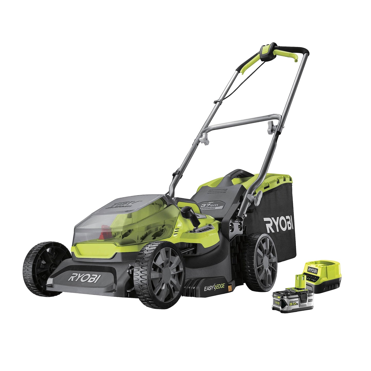 RYOBI One+ RY18LMX37A-150 Cordless Brushless Lawnmower 18V – Width 37 cm, 1 x 5.0Ah Battery + Charger, Mulching or Pickup, Semi-Rigid 45L Tray, Central Adjustment, Ideal 300-400 m²