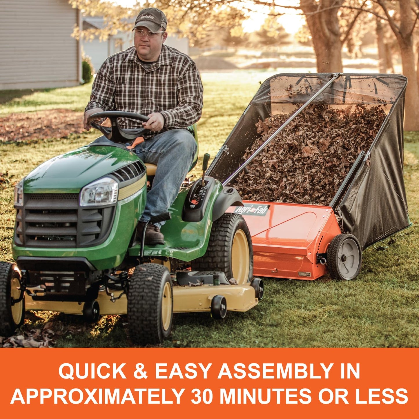 Agri-Fab 44 In Tow-Behind Lawn Sweeper with 28 Cu Ft Flow-Through Hopper Bag, Adjustable Brush Height, and Dump From Seat Handle