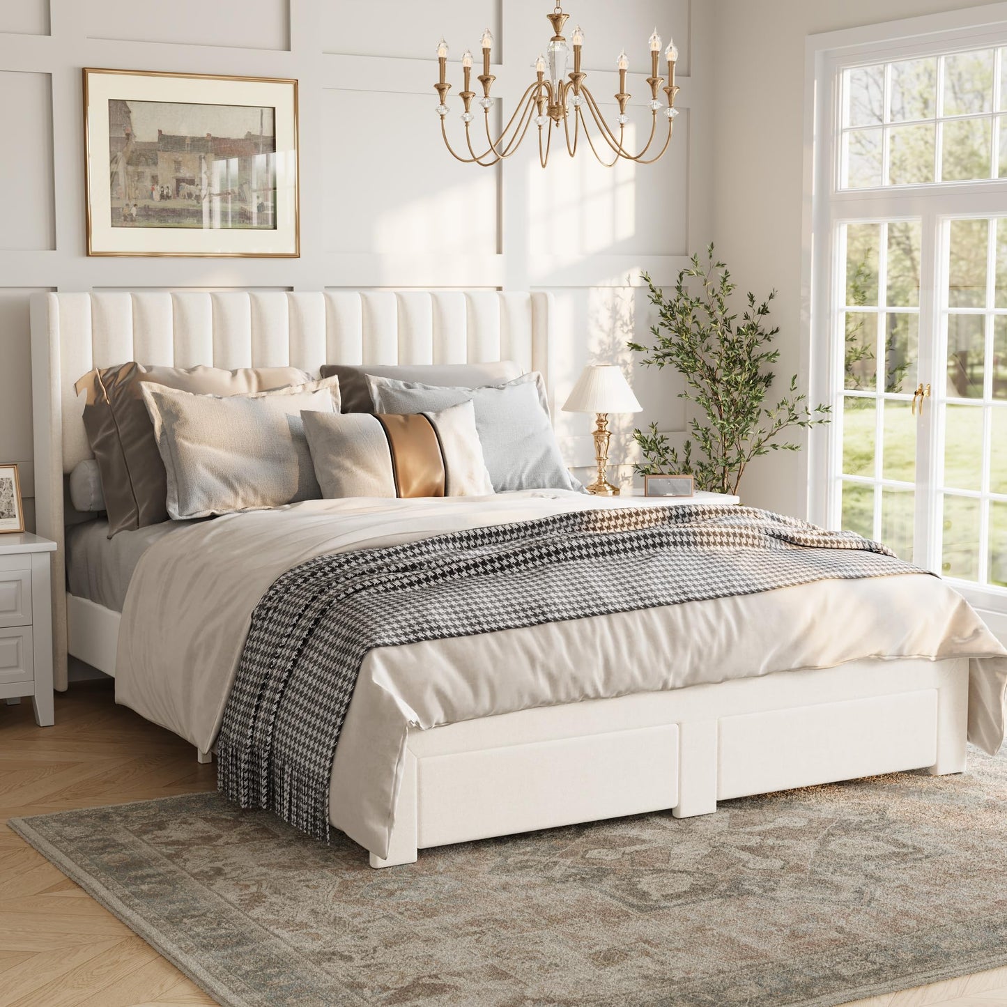 GarveeHome Queen Size Bed Frame, Bed Frame Upholstered Platform Bed with Velvet Headboard, Wing Edge Design, 2 Storage Drawers, No Box Spring Needed, Beige