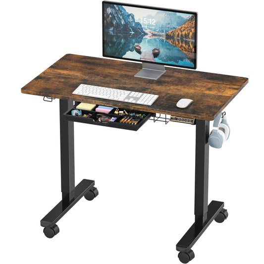SHW 40-Inch Mobile Electric Height Adjustable Sit to Stand Desk with Drawer, Hanging Hooks and Cable Management, Rustic Brown