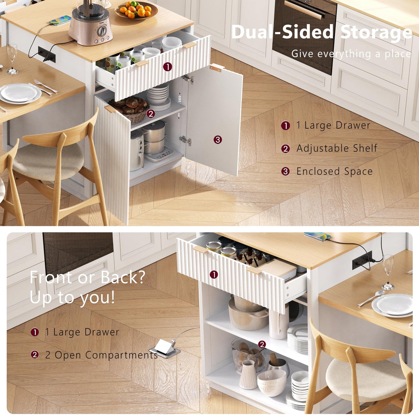 Trygoal 83" Extendable Kitchen Island with Drop Leaf Dining Table, White Rolling Storage Cart on Wheels with Power Outlet, Drawers & Cabinets, Anti-Wobble Central Caster, White