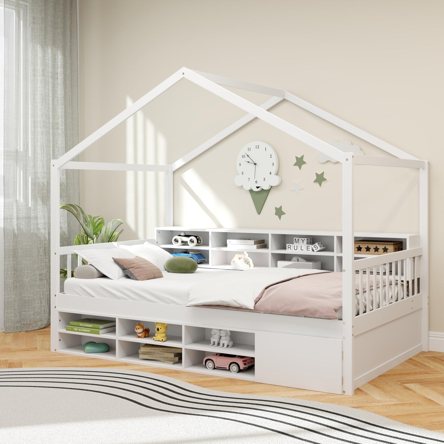 KOMFOTT Twin Size Wood House Bed with Storage Shelves, Wooden Platform Bed Frame with Storage Cabinet, Headboard & Footboard, House Bed with Wood Slats Support, No Box Spring Needed (White)
