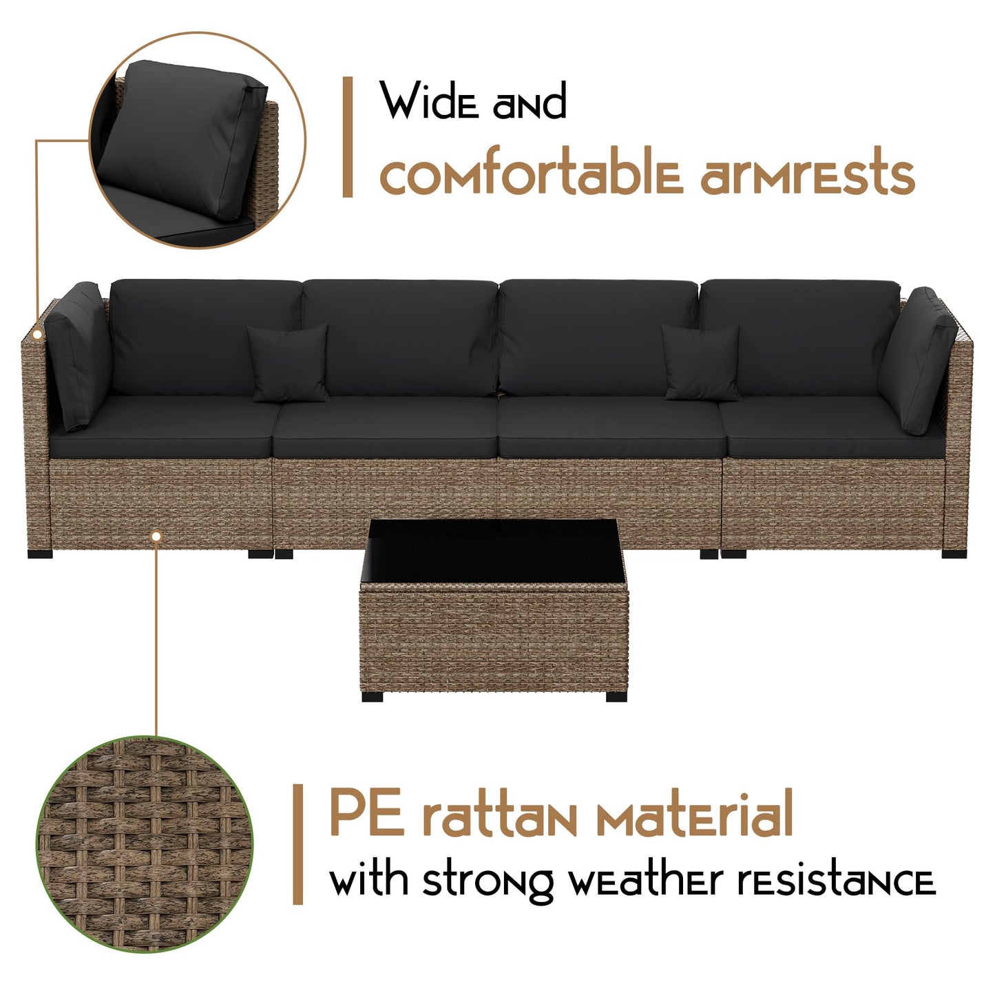 LHBcraft 7 Pieces Outdoor Furniture Set, Wicker Furniture Patio Conversation Sets with Tea Table and Thickened Black Cushions, Outdoor Patio Sectional Sofa for Garden, Poolside, Backyard