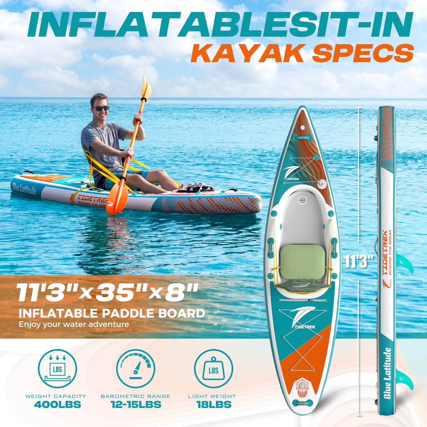 TIDETREK Inflatable Touring Kayak with Waterproof Seat & Premium Accessories, 11'3" x 35" x 8" Ultra-Stable SUP Kayak Hybrid, Non-Slip Comfort Deck for Adults & Youth (Coral Tide)