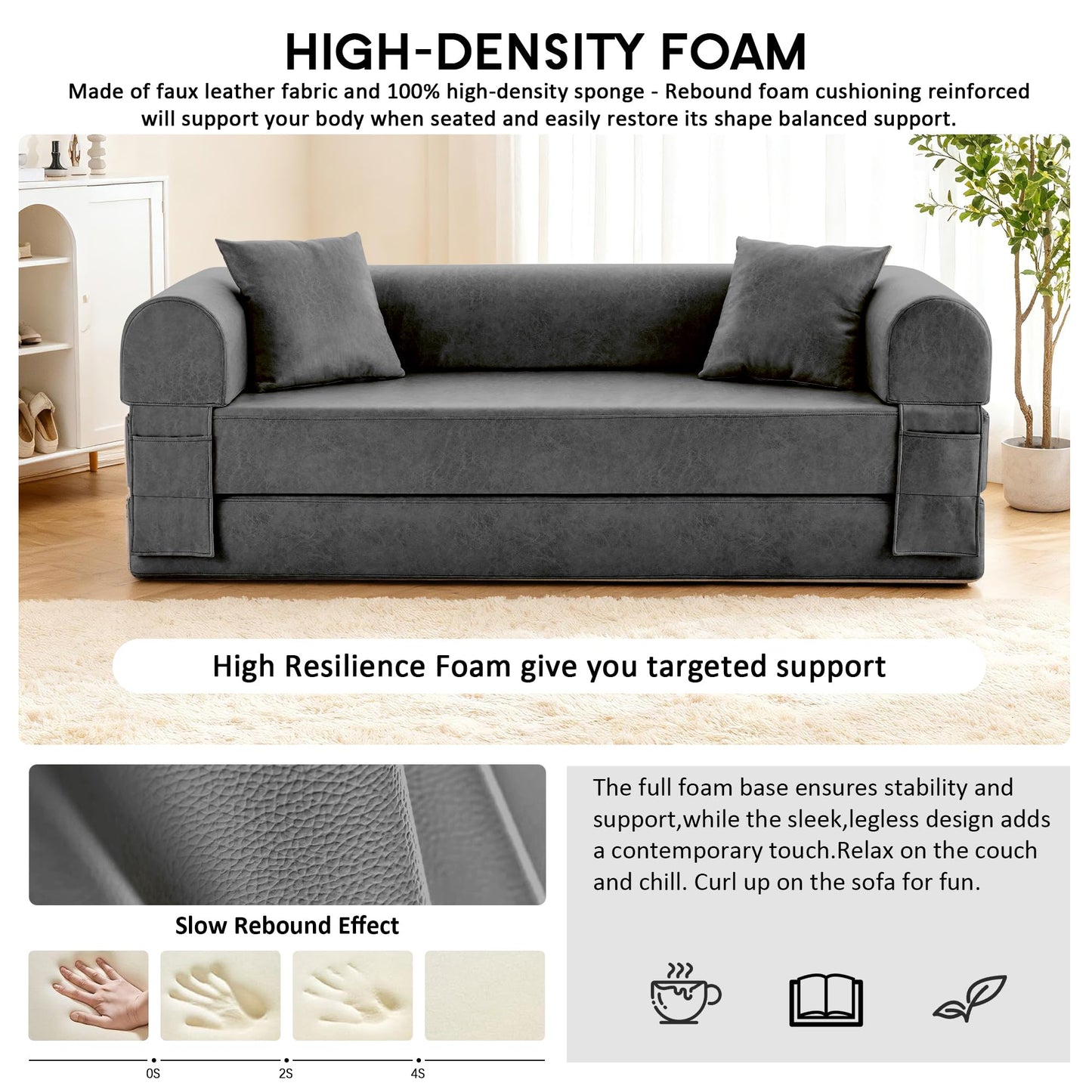 78.5" Convertible Sleeper Sofa Bed, Faux Leather Folding Floor Sofa with Pullout Bed&2 Pillows, No Assembly Modern Boneless Couch Compression Sofa in Box with Storage Pocket for Living Room, Gray