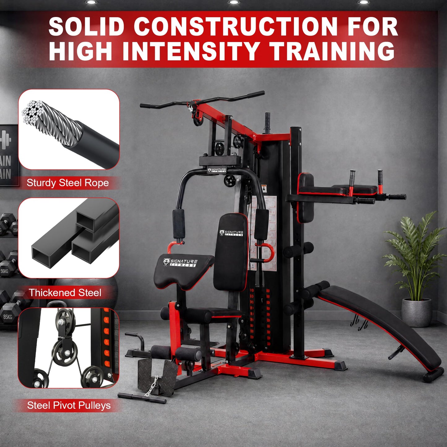 Signature Fitness Home Gym System Workout Station, Smith Machine & Leg Press – Multifunctional All-in-One for Full Body Strength Training, LAT Pull-Down, Pulley System, and Seated Rowing