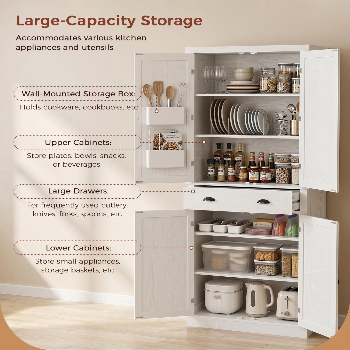IRONCK 72.6" Tall Farmhouse Kitchen Pantry with Drawer and Adjustable Shelves, Freestanding Storage Cabinet with X-Design Doors, Large Floor Cupboard for Kitchen, Dining Room, White