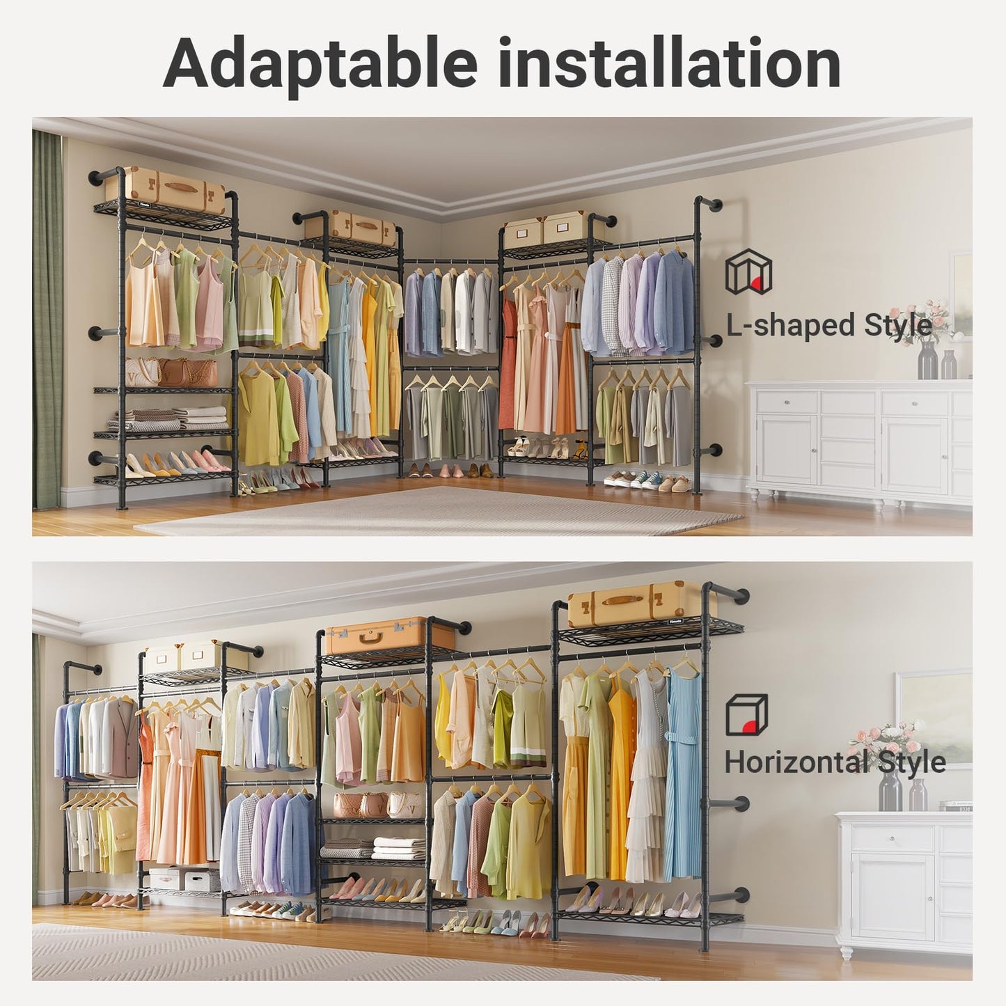 Timate L6 Closet Rack Wall Mount for Corner - Expandable Industrial Pipe Closet , Heavy Duty Hanging Garment Rack, Closet Organizer Storage Solution for Wardrobe, Bedroom, Walk-in Closets, Black