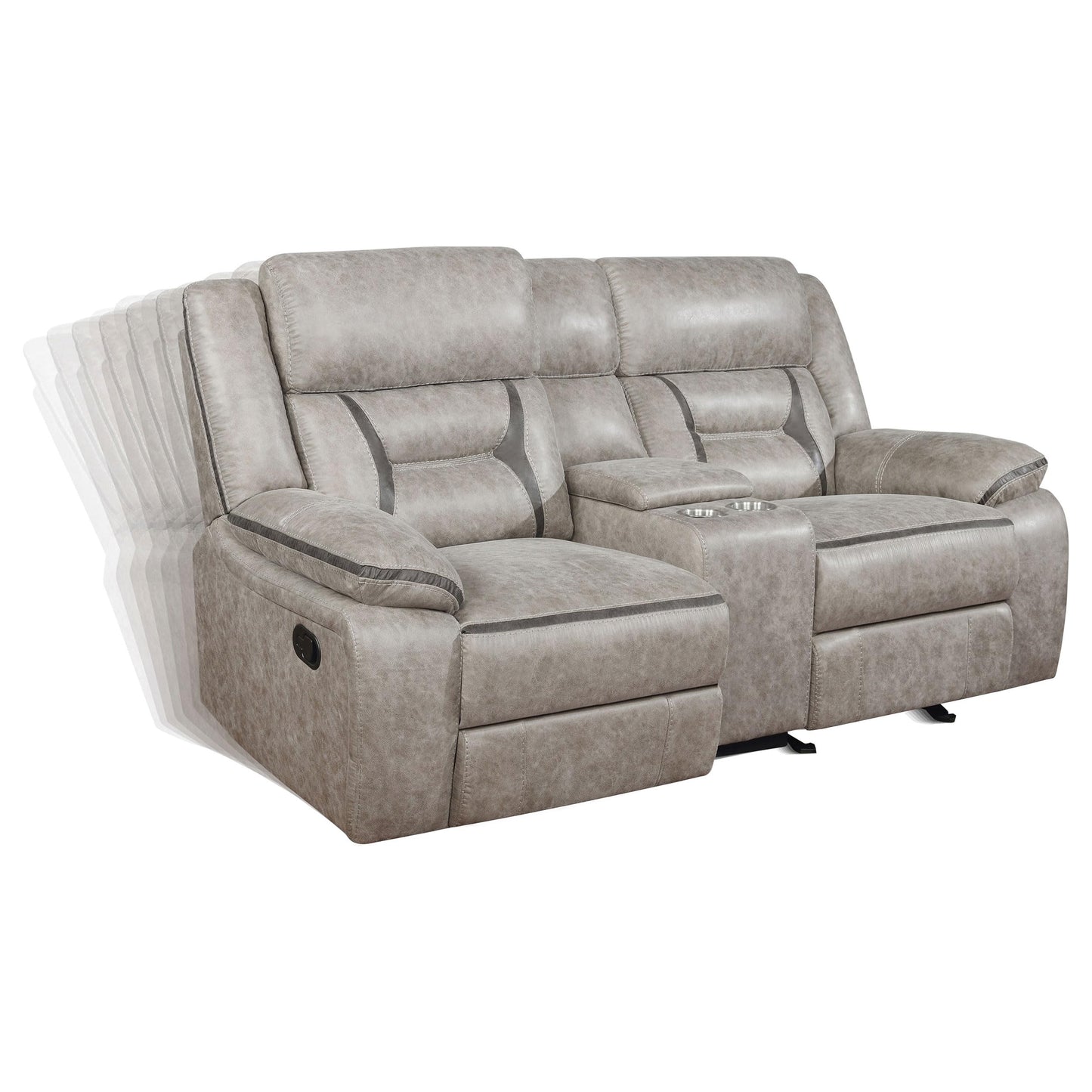 Coaster Home Furnishings - Greer - Faux Leather Upholstered Glider Reclining Loveseat with Console, Built-in Cupholders, Storage and USB Port - Home Theater & Living Room - Taupe - 651352