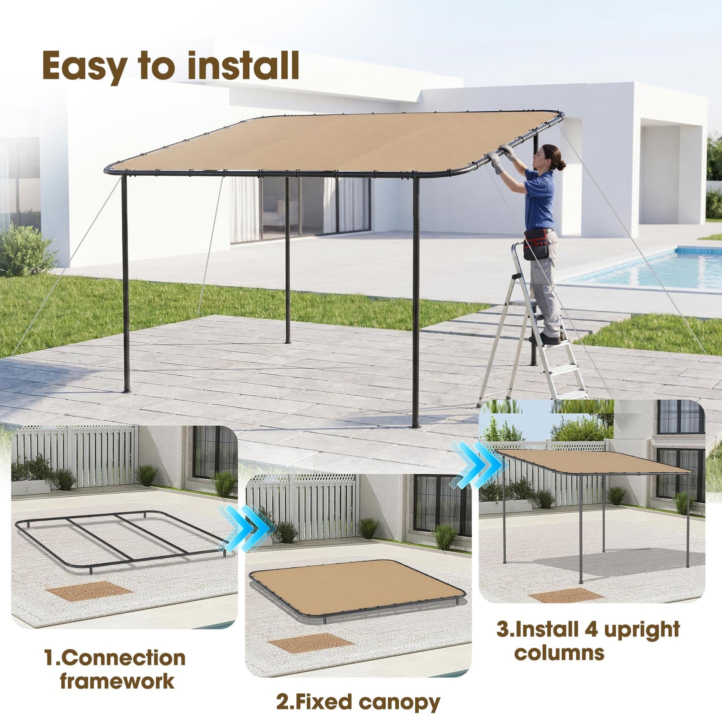 TOBYUL 12'x10' Lean to Gazebo Pergola with 3 Types Ground Nails and Weatherproof Canopy, Large Wall-Mounted Galvanized Steel Frame Shelter, Outdoor Sloped Roof Awning for Patio, Deck, Backyard (Khaki)
