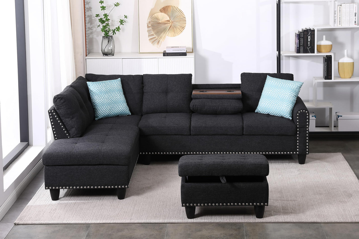 Favfurish 98" Left Hand Facing Sofa with Ottoman and Manufactured Wood Frame,L-Shaped Design Sectional Chaise W/Rounded Arms & Nailhead Trim,for Living Room,Office,Apartment,Charcoal Grey