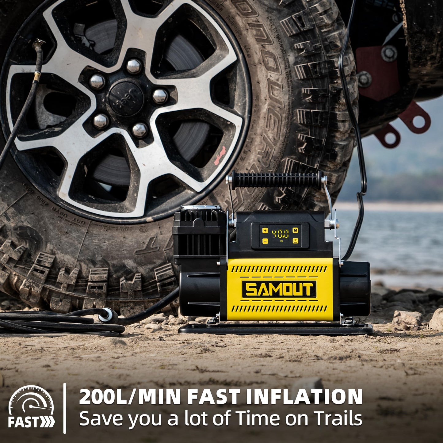 SAMOUT 12V Digital Air Compressor, Offroad Portable Inflator 7.06 CFM, Air Pump Max 150PSI for Heavy-Duty Tires, with LCD Control Panel to Preset Target Pressure, 4x4 Vehicle, SUV, RV