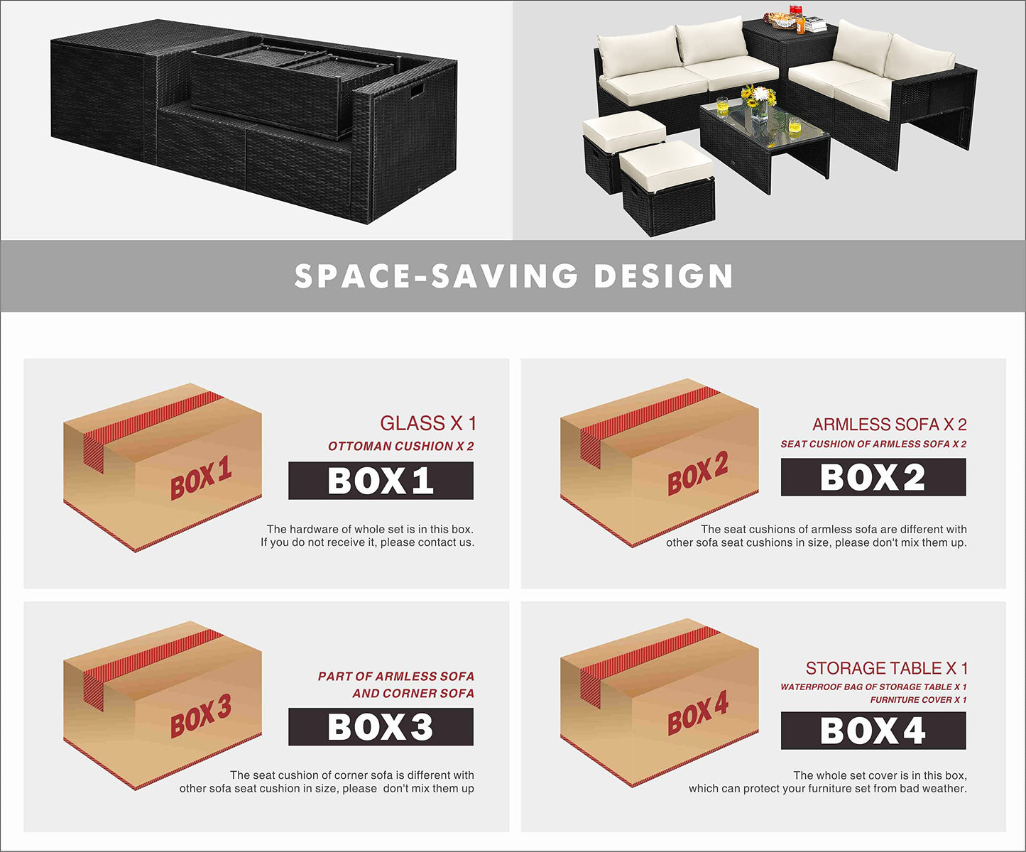 Tangkula 8 Pieces Patio Furniture Set with Waterproof Cover, Patiojoy Space Saving Outdoor PE Rattan Set with Storage Box, Tempered Glass Table, 2 Ottomans, 2 Armless Sofas & Corner Sofas