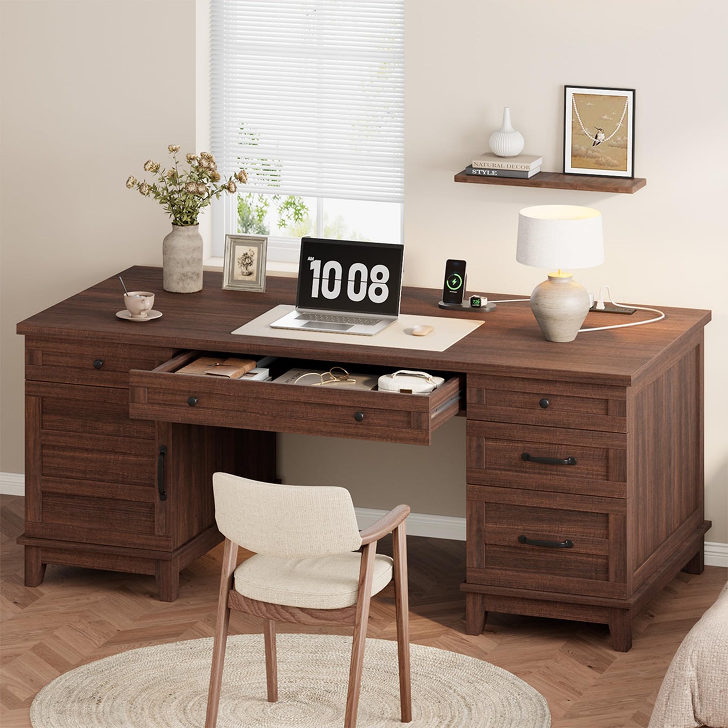 GAOMON 60in Wooden Executive Desk with 5 Drawers, Office Desk Computer Table with Charging Station, Farmhouse Home Office Desk with File Cabinet Storage, for Study and Home Office, Walunt Brown
