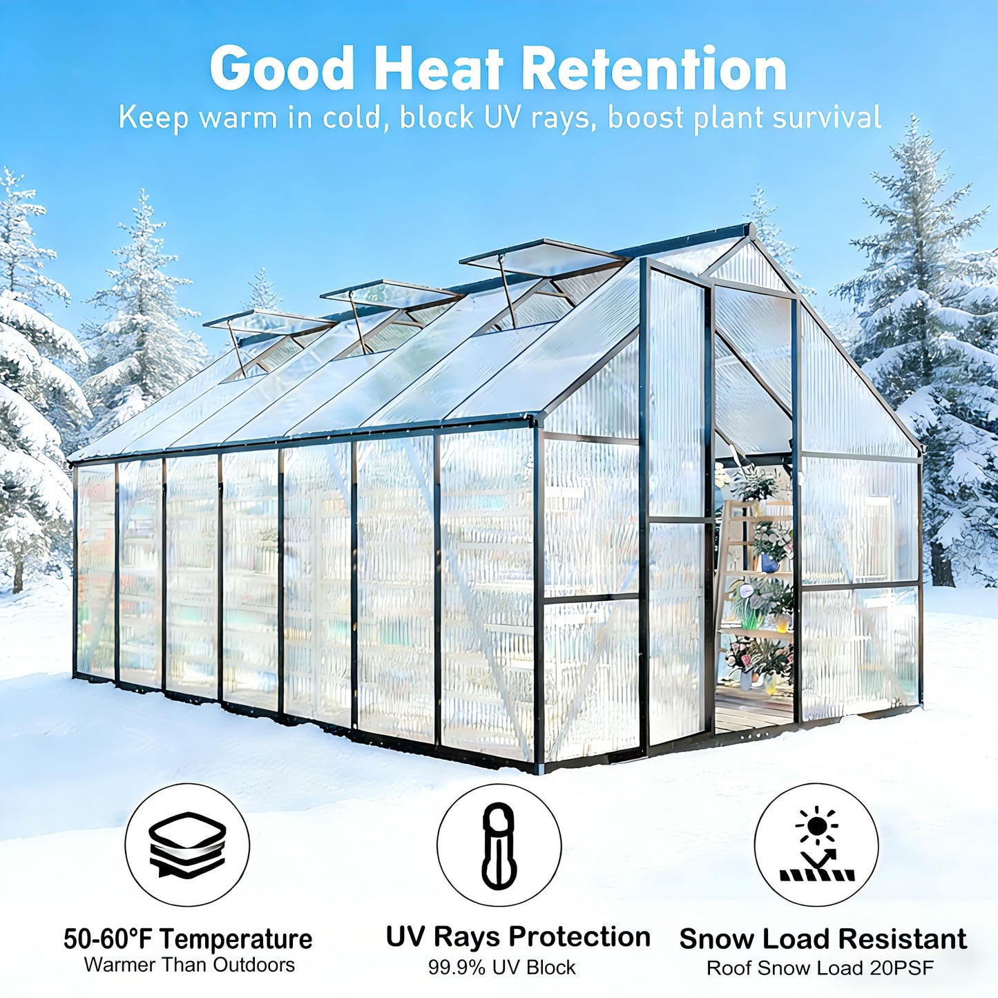 8x10 FT Greenhouse for Outdoors, Polycarbonate Greenhouse with Quick Setup Structure and Roof Vent, Aluminum Large Walk-in Green House for Outside Garden Backyard,Charcoal Black