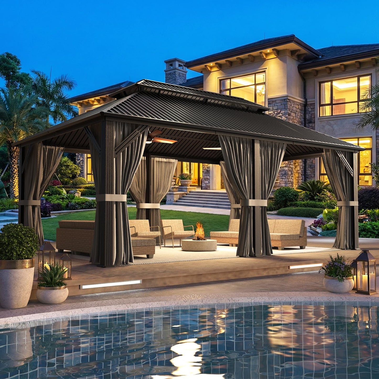 Polar Aurora 12x20 FT Outdoor Gazebo Hardtop Grill Gazebo Aluminum Galvanized Steel Double Roof Outdoor Pergola Include Curtain and Netting for Backyard, Patio, Lawn