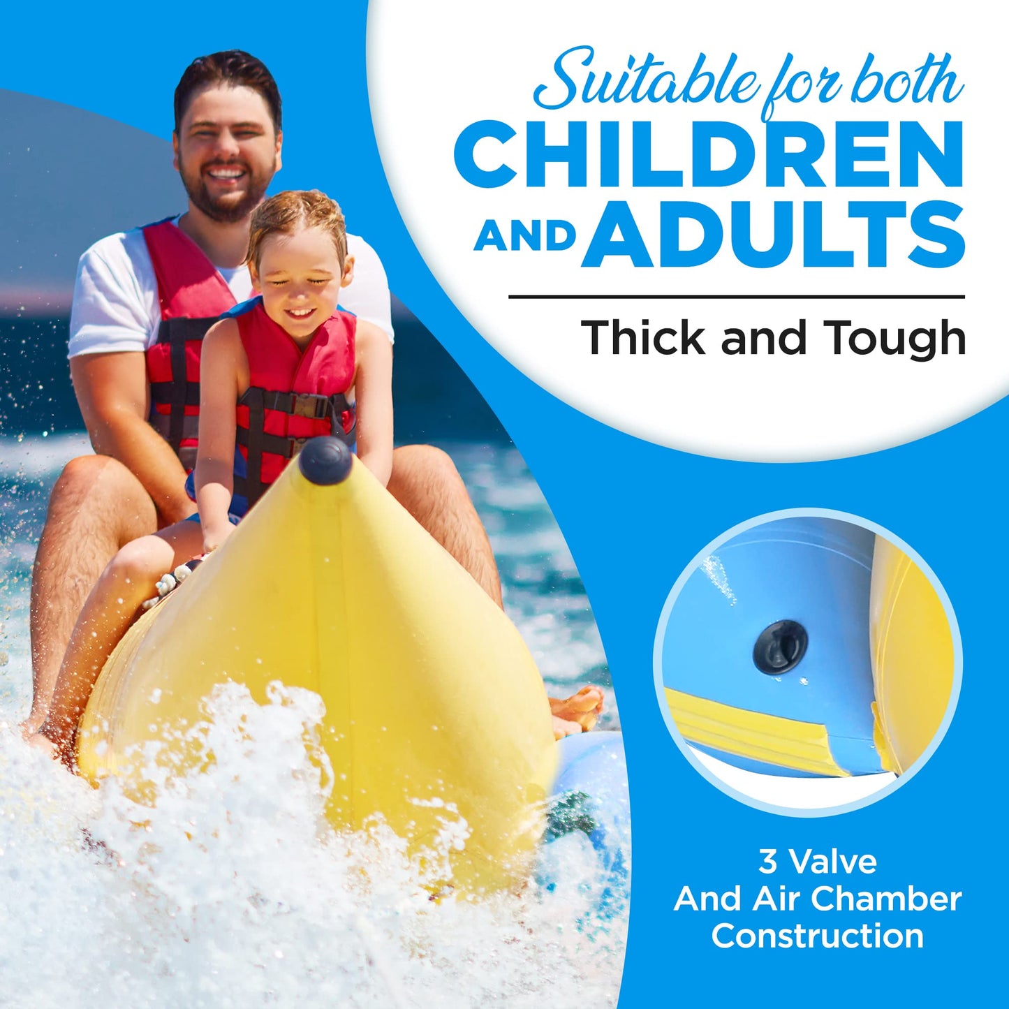 Jovial 2 Person Inflatable Banana Boat, Includes Storage Bag, Foot Pump, and Repair Kit, Tough and Thick, Reinforced Seats and Foot Areas, 340 Lbs Weight Capacity, Easy Inflation and Deflation