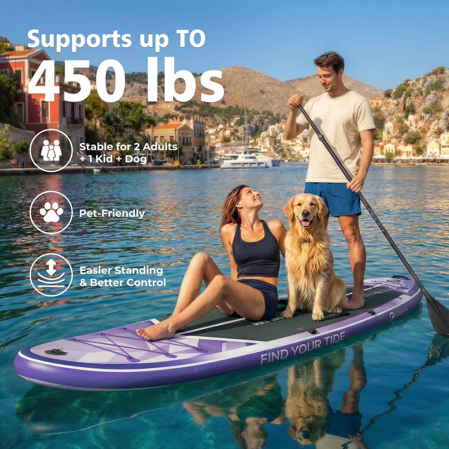 PRAISUN 12’ x 35” Inflatable Paddle Board, 450lbs Extra Wide Stand Up Paddleboard for Youth/Adults of All Skill Levels, Stable SUP with Seat & Full Kit, for Fishing, Yoga, Lake & Ocean, Purple
