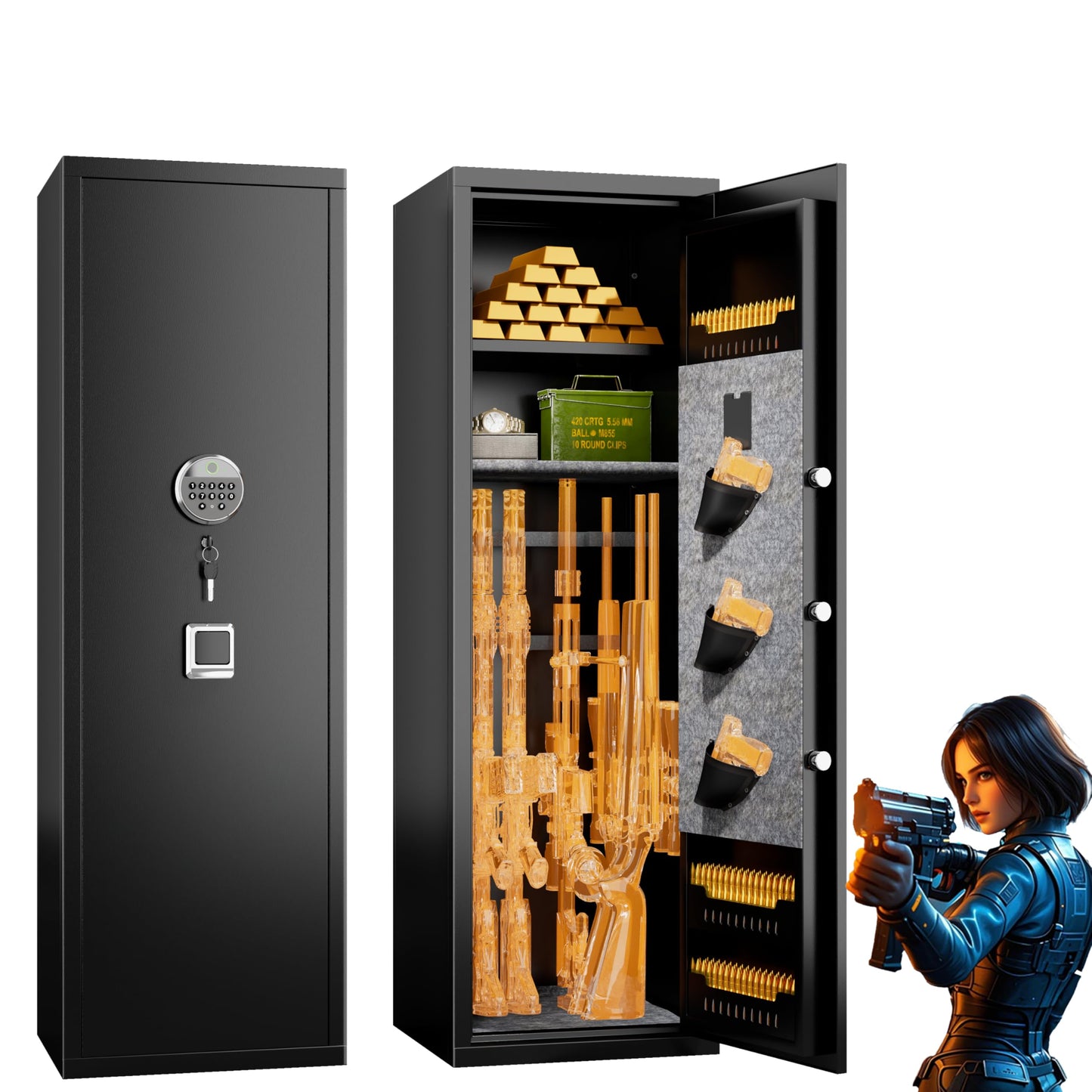 [No Assembly Required]8-12 Fingerprint Gun Safe for Rifles and Pistols,Gun Safes for Rifle and Password Lock, Gun Cabinet for Home with Adjustable Shelves, Biometric Heavy Duty Long Gun Safe,57" High