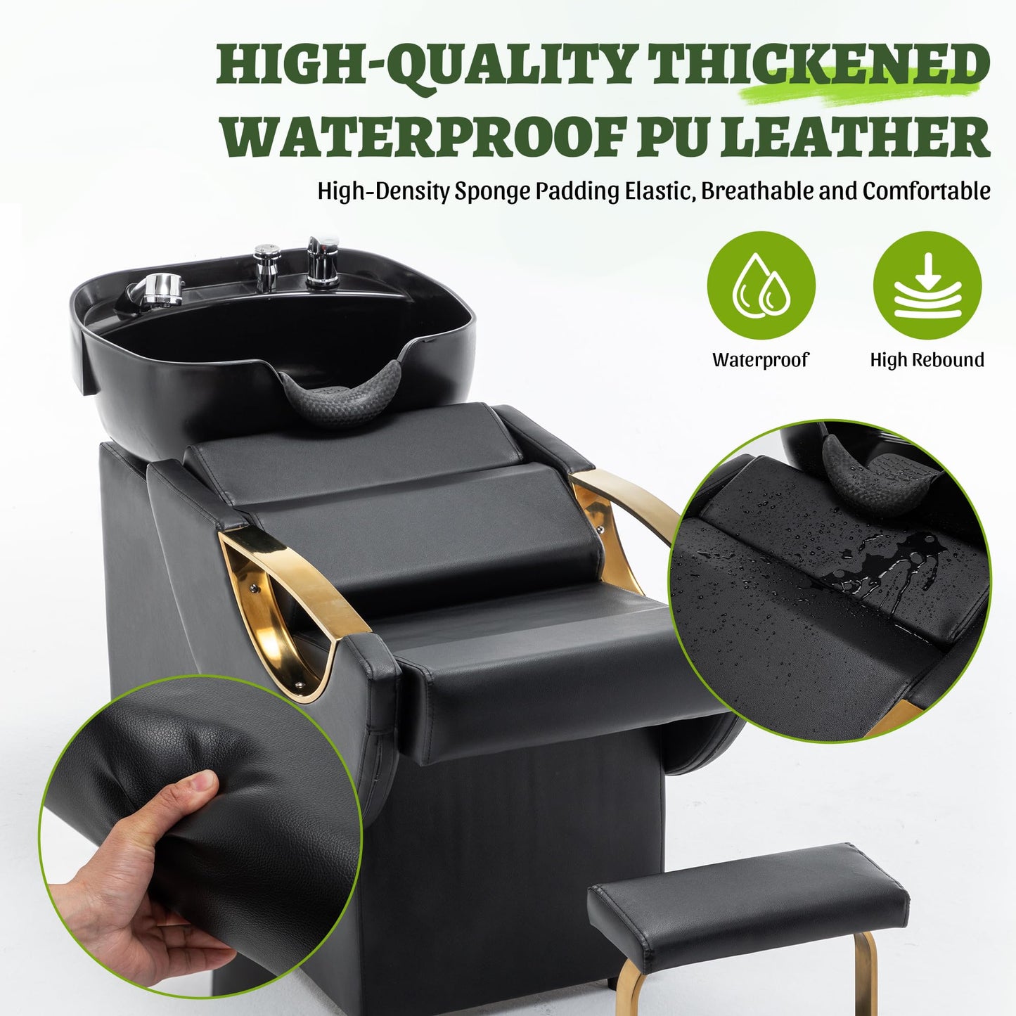 Jaxilyn Professional Shampoo Chair Waterproof PU Leather Salon Hair Washing Unit for Barber Shop & Spa Black