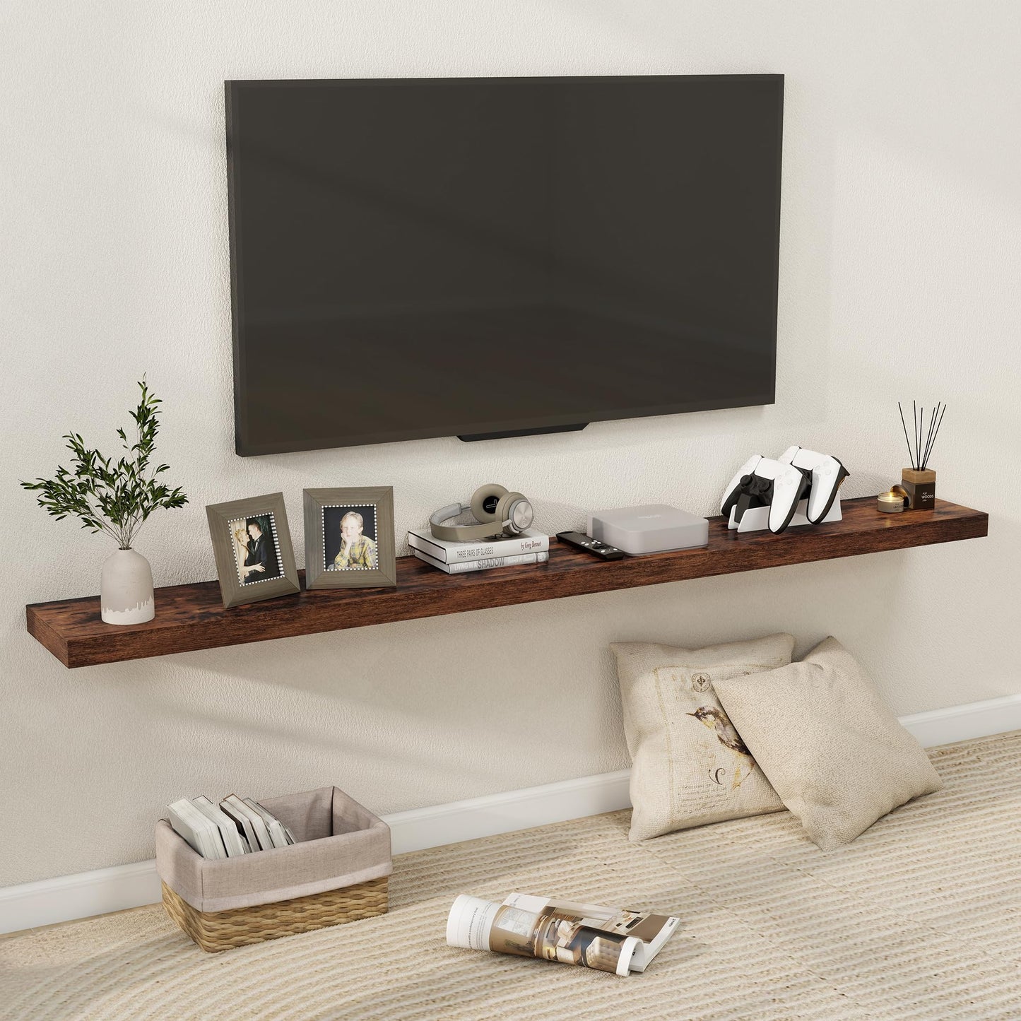 Fun Memories 72 Inch Floating Shelves for Wall, Fireplace Mantel Shelf with Invisible Heavy Duty Bracket, 8 Inch Deep Storage Shelf for Living Room, Kitchen, Farmhouse, Brown (2-Pack)