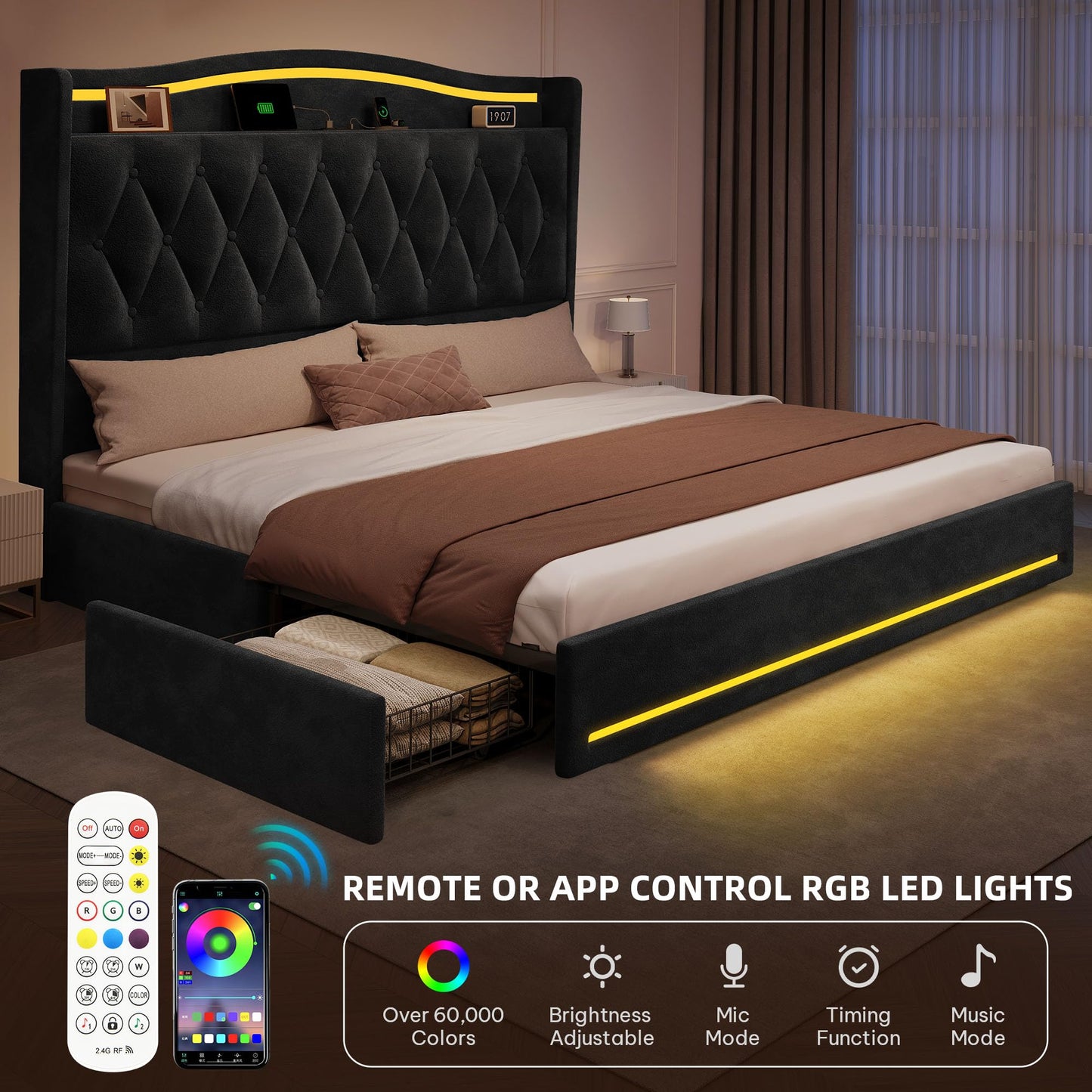 YITAHOME King Size Bed Frame with 4 Storage Drawers and RGB LED Lights, 57'' Tall Headboard Velvet Upholstered Bed with Charging Station, No Box Spring Needed, Easy Assembly, Noise-Free, Black
