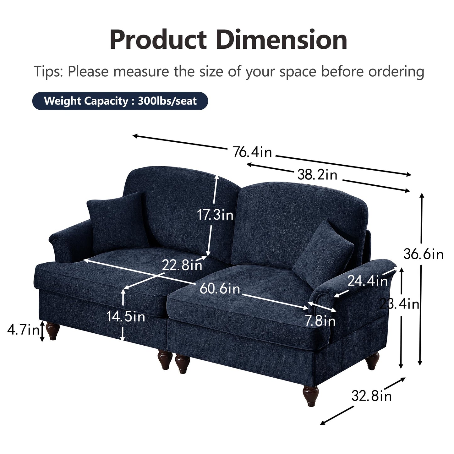 KEIKI Modular Sectional Sofa, 2 Seat Sofa Sets with Removable Ruffles Pleats Skirts, 2 Piece Modular Deep Seat Sofa for Living Room, Blue