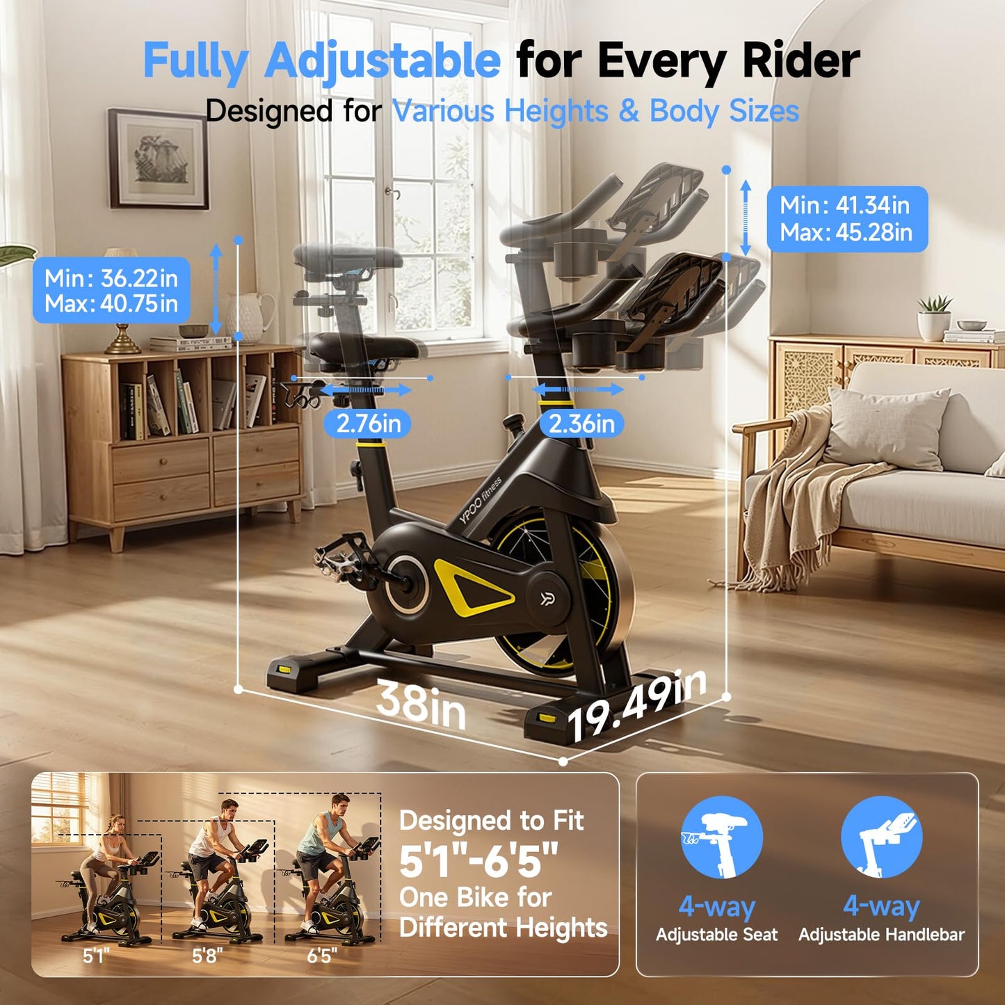 YPOO Exercise Bike, Adjustable Magnetic Resistance Stationary Bikes for Home Cardio with Exclusive App, Indoor Bike with 330lbs Weight Capacity Comfortable Seat, Tablet Mount and Fitness Courses