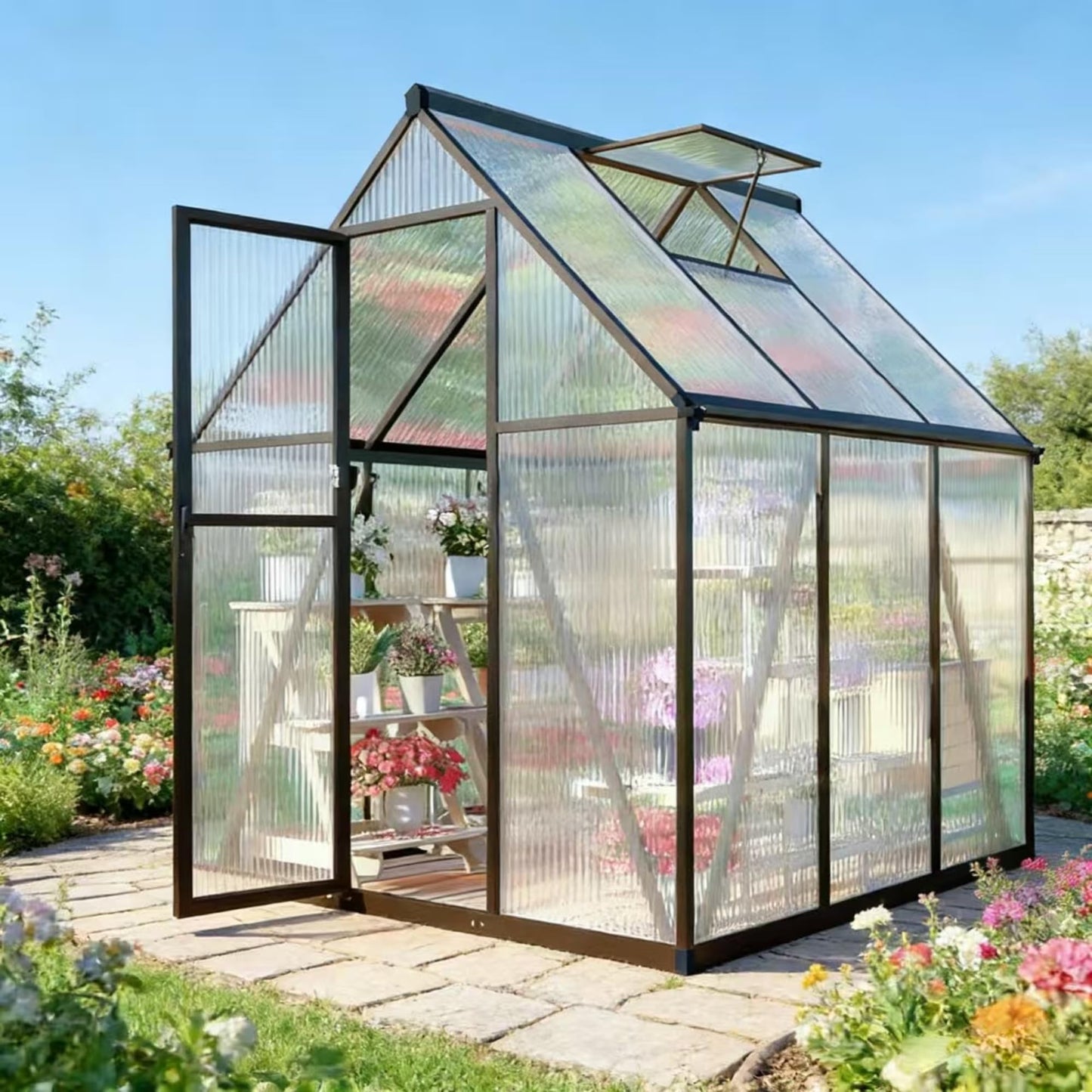 Jiliusure 6 x 6 FT Greenhouse for Outdoors, Polycarbonate Greenhouse with Quick Setup Structure and Roof Vent, Aluminum Large Walk-in Green House for Outside Garden Backyard, Dark Gray