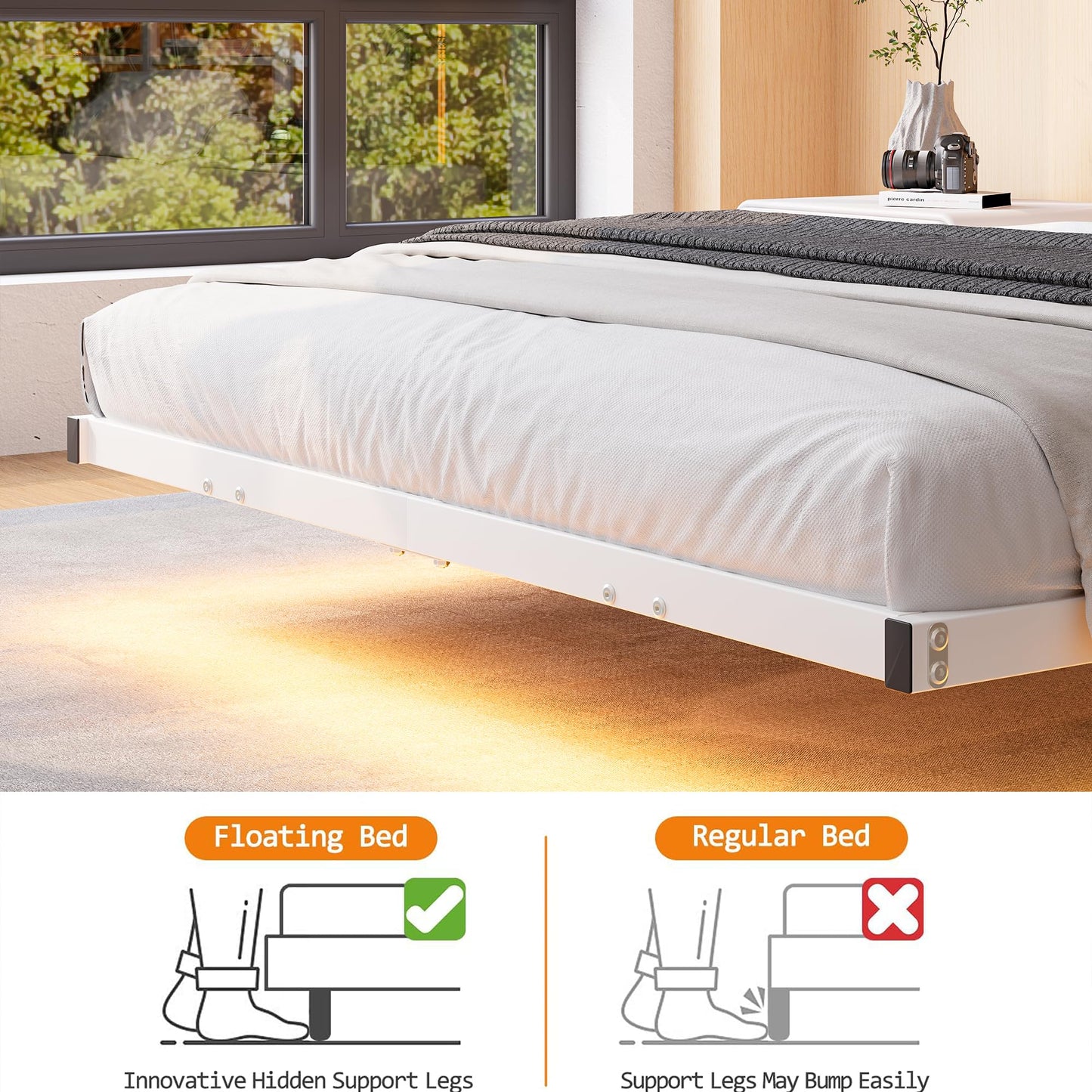HAHRIR Floating Queen Bed Frame with LED Lights & USB Charging Station, Metal Platform Bed with Two Storage Shelves, Heavy Duty Noise-Free Slats,White