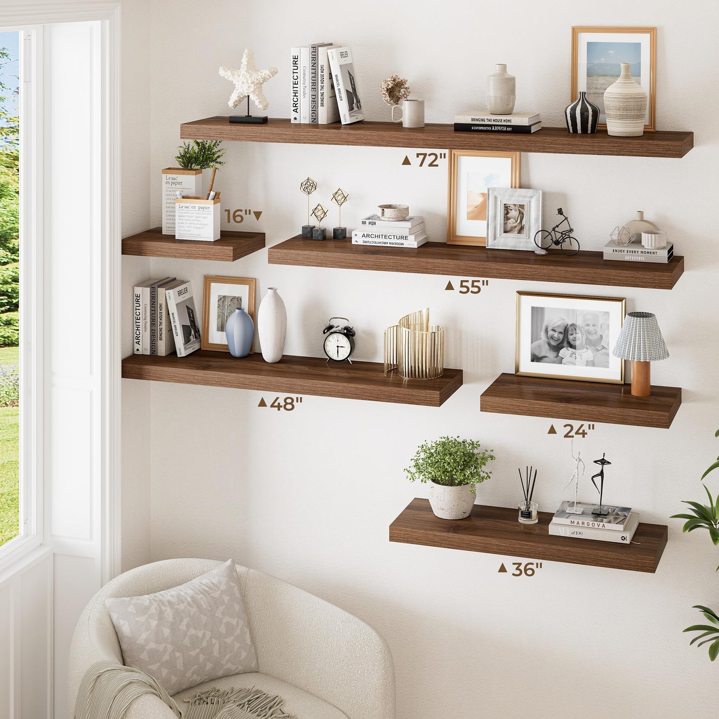 RICHFOCUS 72 Inch 12" D Floating Shelves for Wall 2 Pack Long Wall Shelves for Room Wall|Large Wood Hanging Shelf with Invisible Brackets for Bathroom Bedroom Kitchen Laundry Room, Walnut