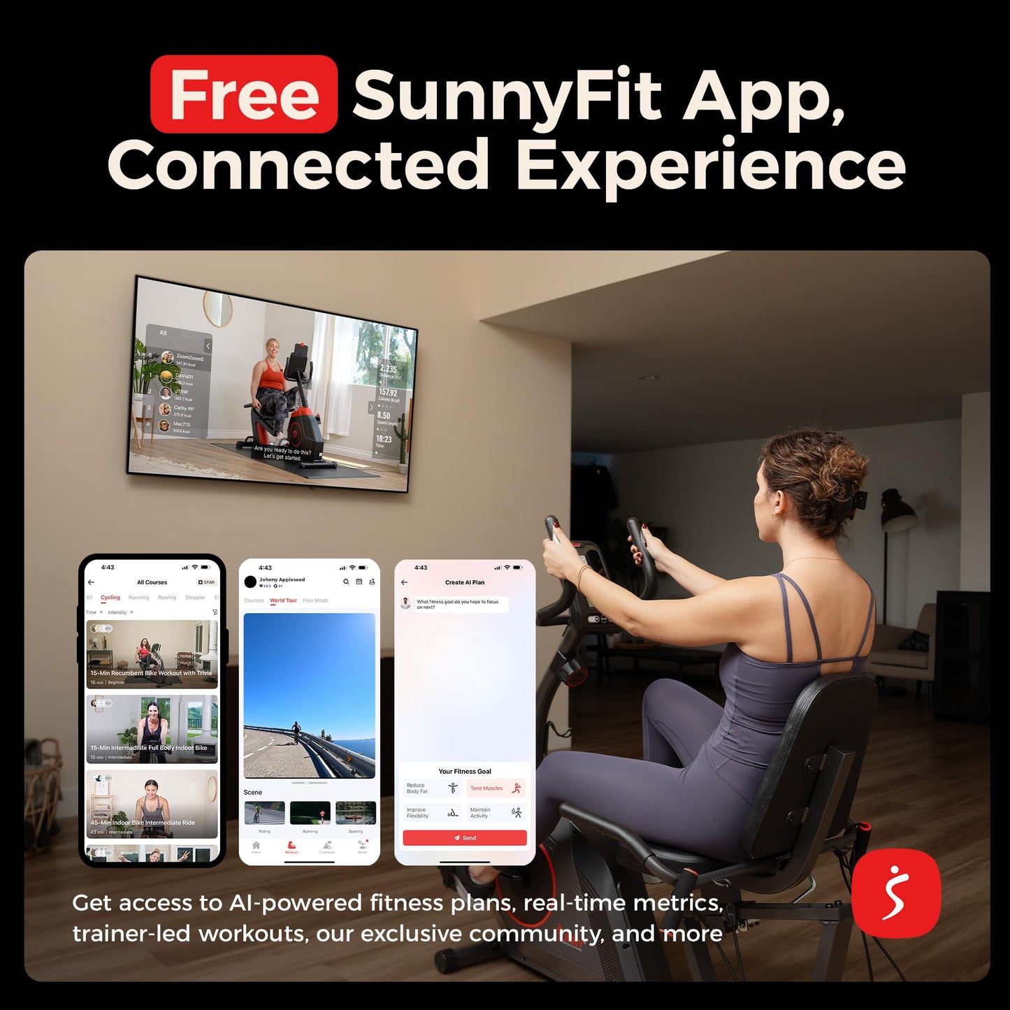 Sunny Health & Fitness Smart Recumbent Bike w/Workout Bands, 300LB Capacity Compact Equipment for Indoor Full-Body Exercise, Adjustable Cushion Seat for Seniors Home Cardio Training, Free SunnyFit App