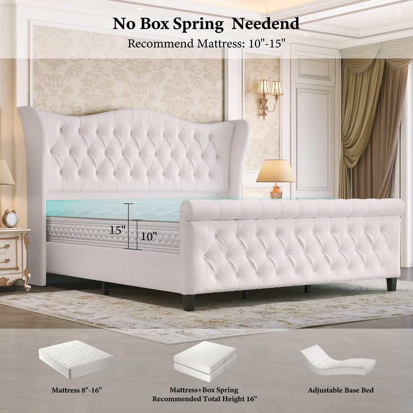 koorlian King Bed Frame,Chenille Upholstered Sleigh Bed with Scroll Wingback Headboard & Footboard,Luxury & Soft Button Tufted Modern King Bed,Easy Assembly,No Box Spring Needed