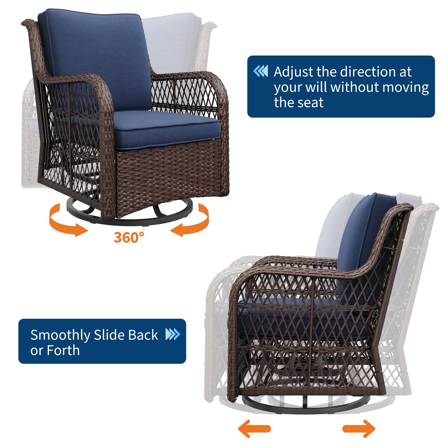 Garvee 3 Piece Outdoor Patio Furniture Set, Swivel Rocker Chairs Wicker Bistro Set with 360° Glider, 4”Thick Cushions & 2-Tier Table, Outdoor Conversation Set for Porch Balcony Backyard Deck Blue