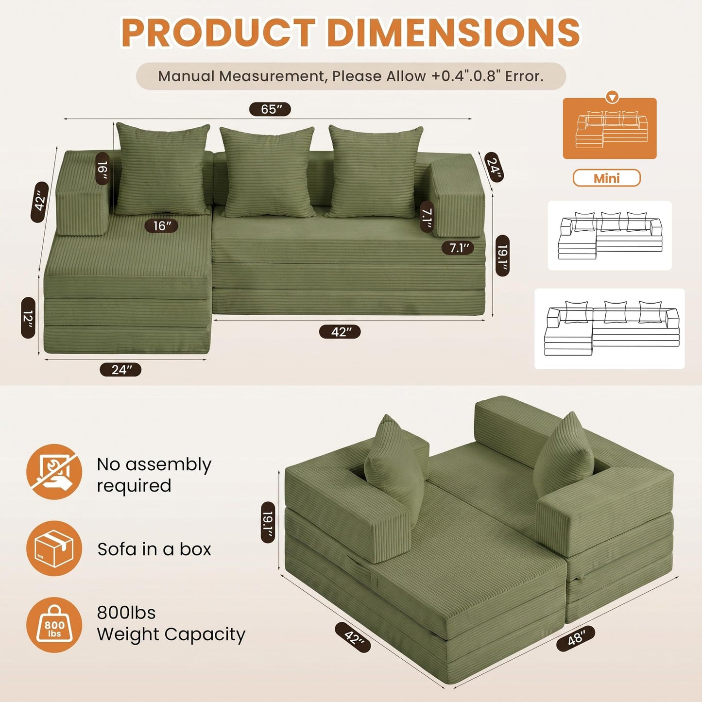 65" Modular Sectional Sofa, Boneless Convertible Sleeper Sofa Bed, Modern Tri-Folding Cloud Couch with L-Shape Chaise, Corduroy Futon Couches for Living Room Small Spaces Apartment,No Assembly,Green