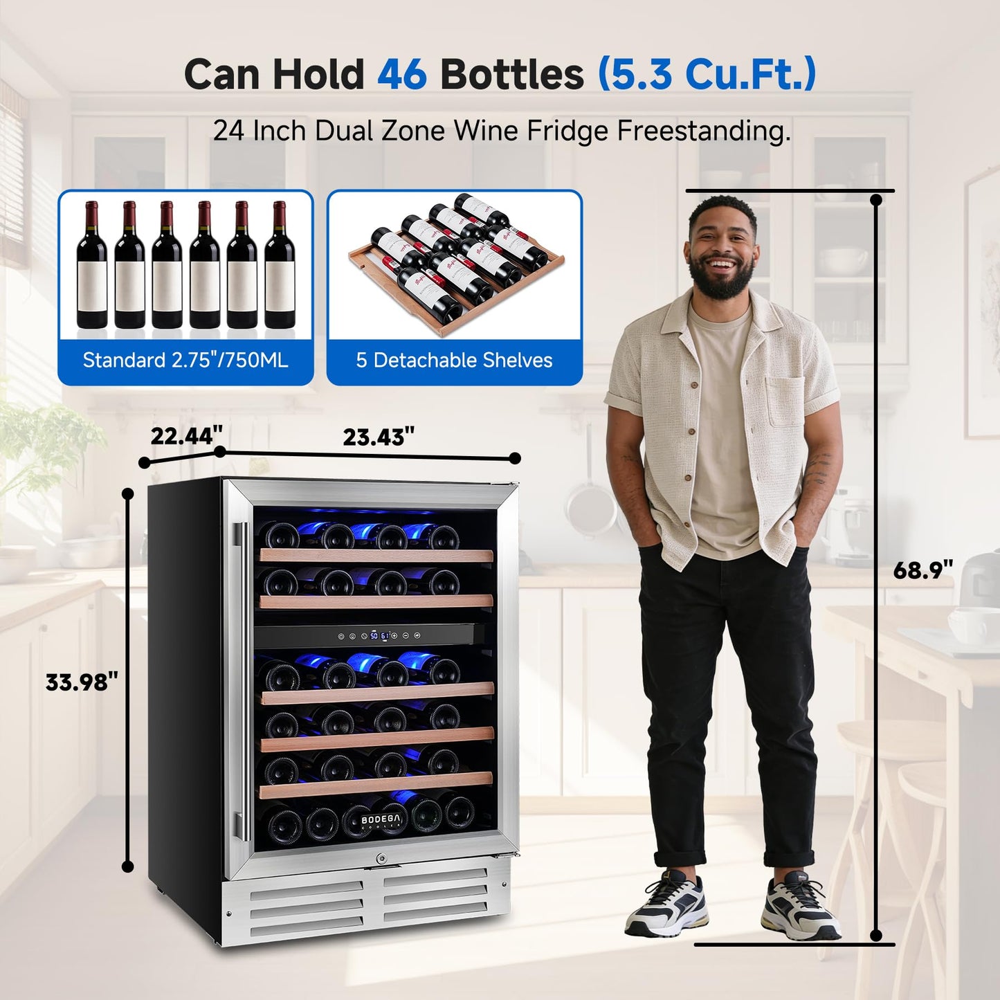 BODEGA COOLER 24 Inch Wine Cooler, 46 Bottle Wine Fridge Free standing, 41-72°F Wine Refrigerator Glass Door, Blue LED Wine Fridge, Built-in or Freestanding Fridge for Home/Bar/Kitchen (5.3 cu.ft)