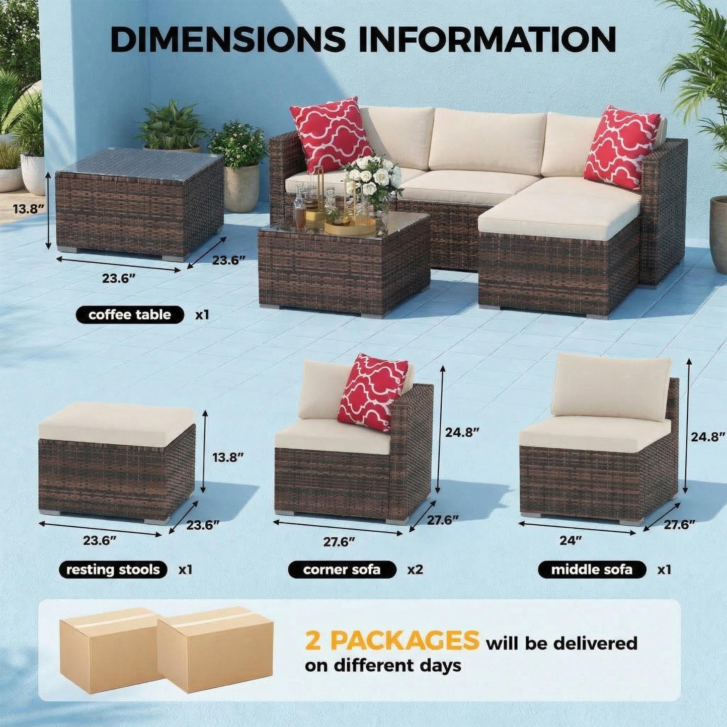 5-Piece L-Shaped Outdoor Patio Furniture Set, PE Wicker Sectional Sofa Set with Cushions and Tempered Glass Table, Steel Frame Conversation Set for Backyard & Poolside – Brown Wicker / Beige Cushions