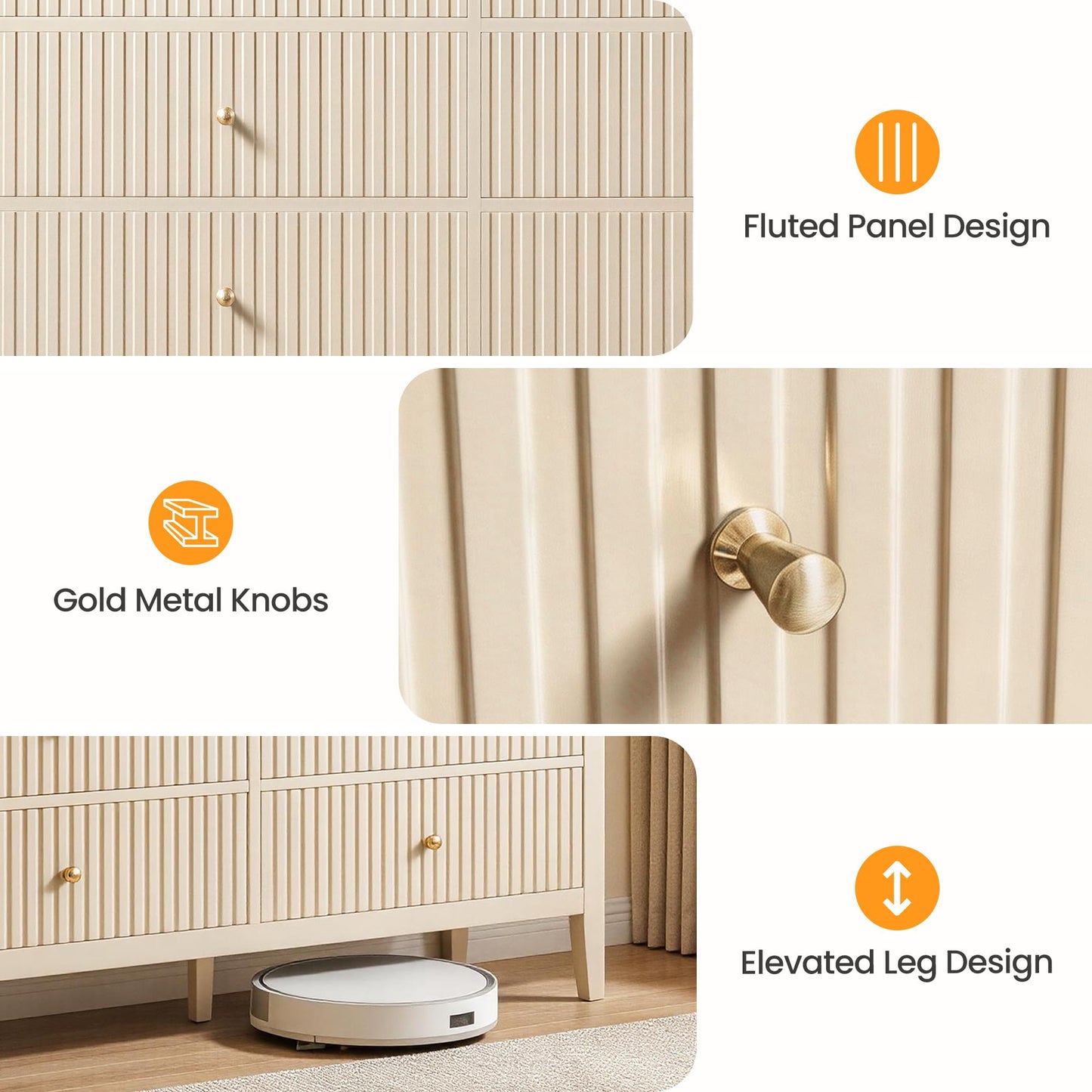 RoyalCraft Beige 6 Drawer Dresser, Fluted Modern Wood Chest of Drawers, Long Dresser for Bedroom TV Stand Storage Cabinet for Living Room