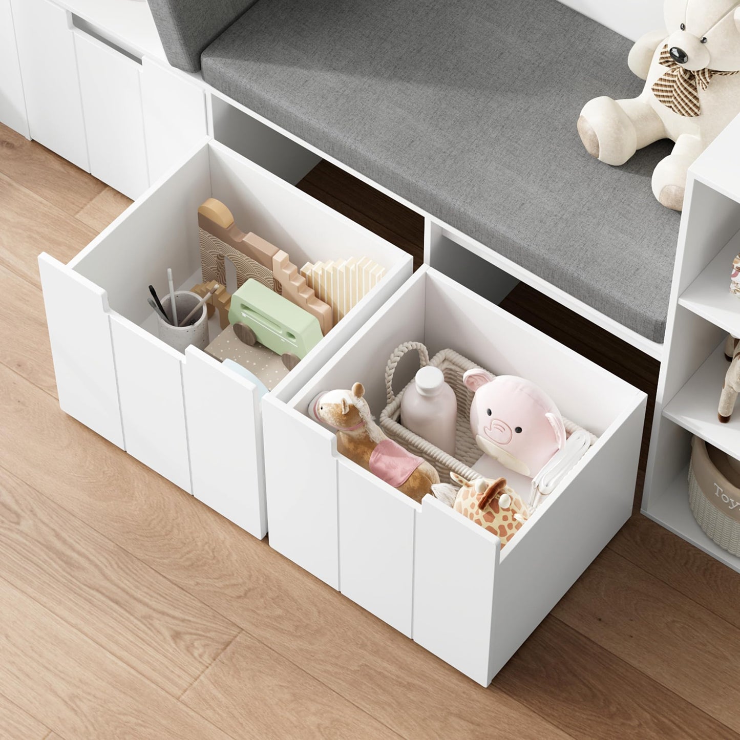 BOTLOG 61.5" Kids Reading Nook with 3-Layer Bookshelf, Reading Nook for Kids with Double Bench and Rolling Drawers, Bookshelf and Toy Storage for Nursery, Playroom (White)