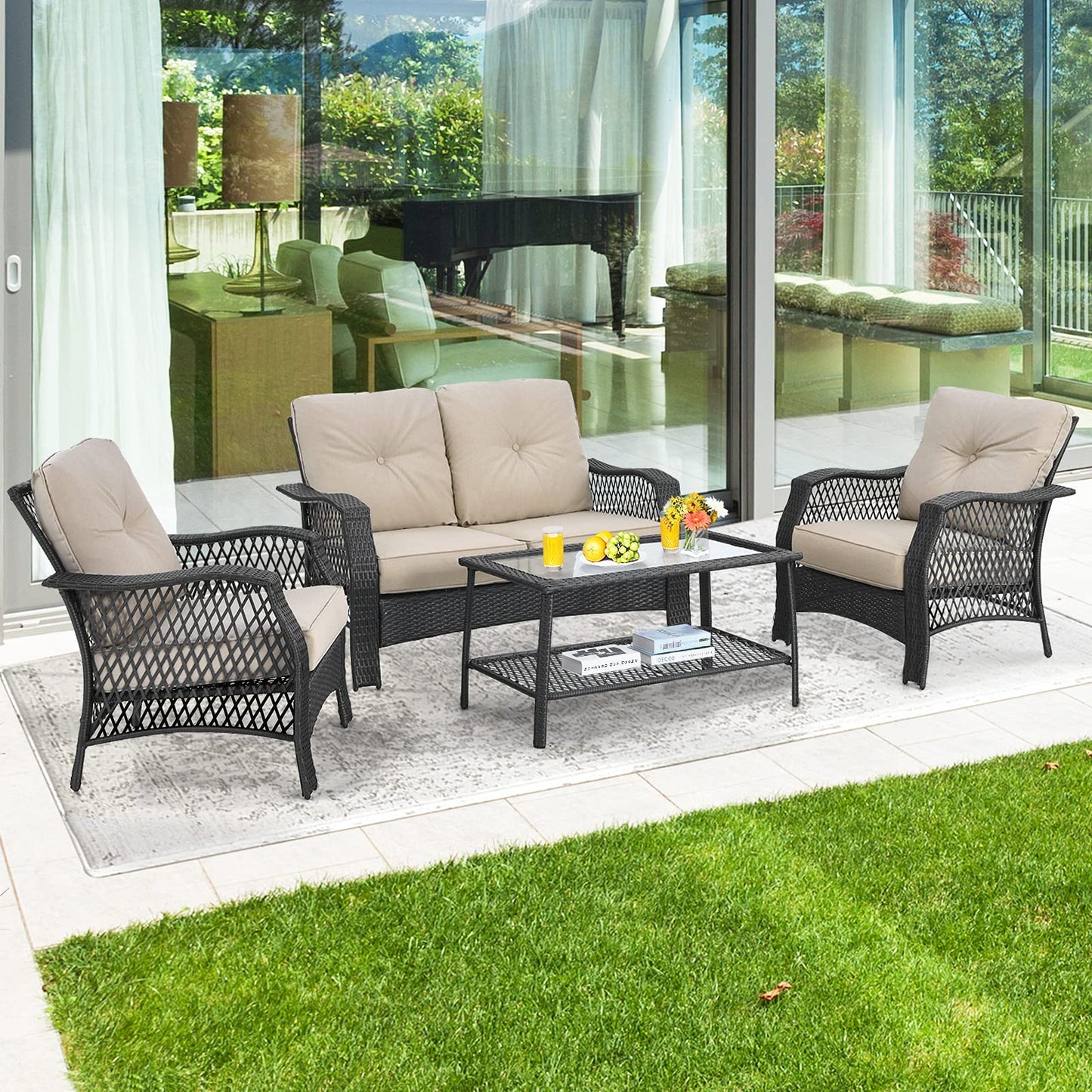 Tangkula 4 Pieces Outdoor Patio Furniture Set, Patiojoy PE Wicker Conversation Sofa Set with Tempered Glass Coffee Table, Sectional Rattan Patio Sofa Set for Garden, Backyard, Poolside (Beige)