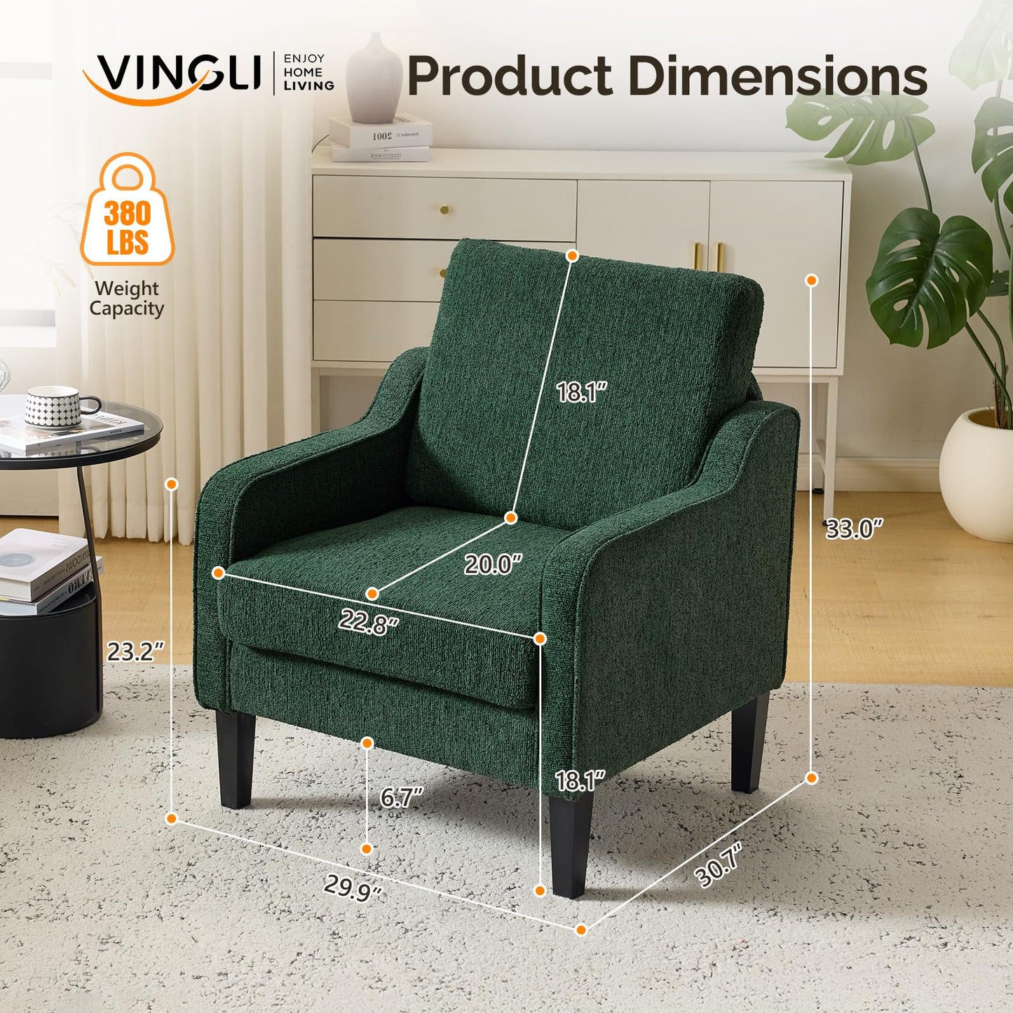 VINGLI Accent Chair for Living Room Chairs Reading Chair for Bedroom Chair Scooped Arm Chair Mid Century Modern Accent Chairs Upholstered Comfy Chair for Apartment, Waiting Room (1, Dark Green)