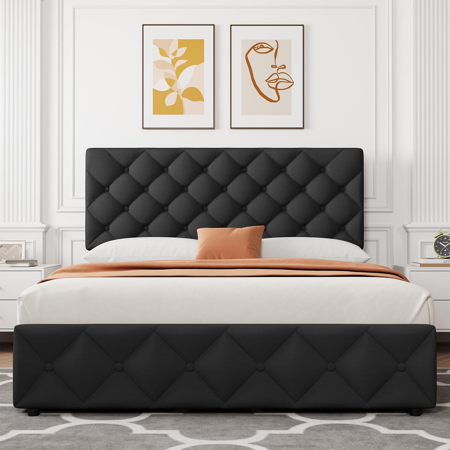 IDEALHOUSE Full Size Bed Frame with 4 Storage Drawers and Adjustable Headboard, Linen Upholstered Platform Beds, Diamond Stitched Button Tufted, No Box Spring Needed, Black
