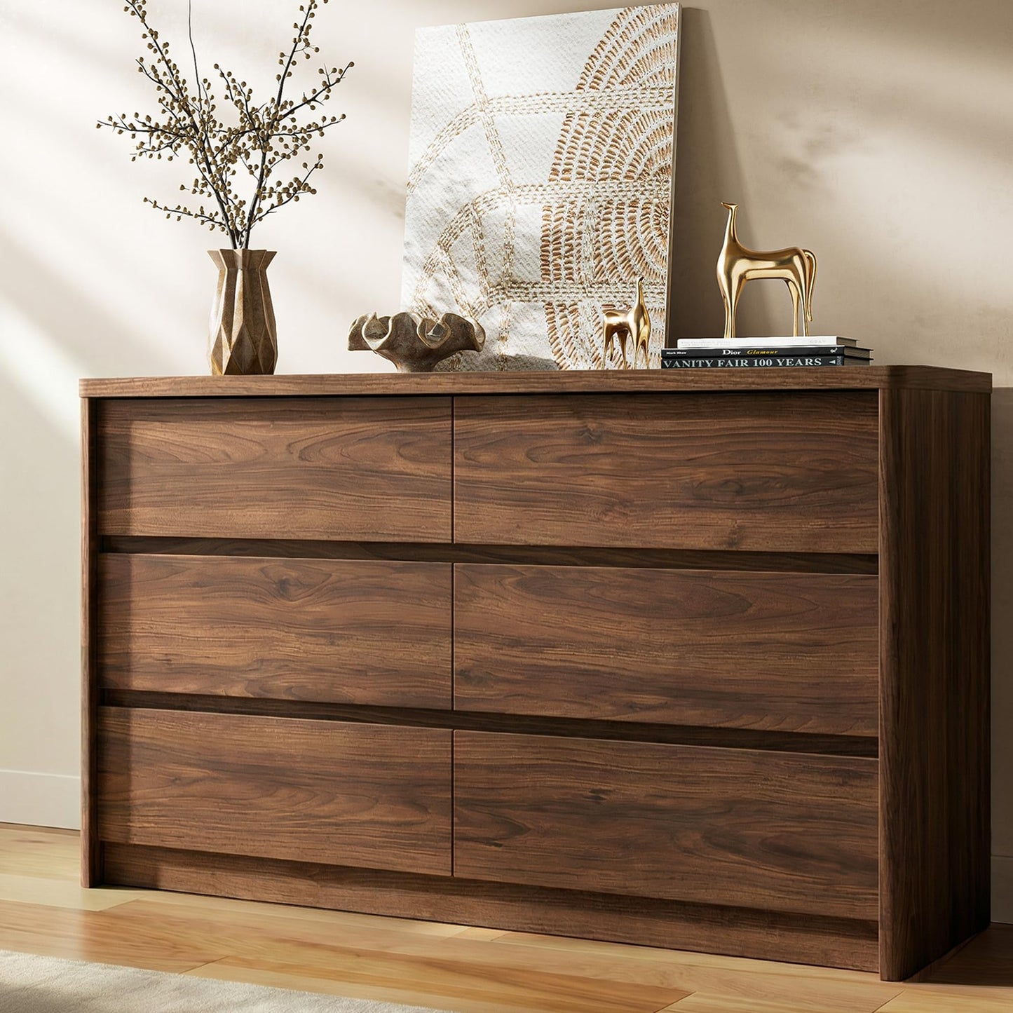 Now Mais 6 Drawer Walnut Dresser for Bedroom, 47.2" Wide Modern Chest of Drawers with 6 Large Storage Space with Curved Edge Design, Large Dresser for Bedroom,Walnut
