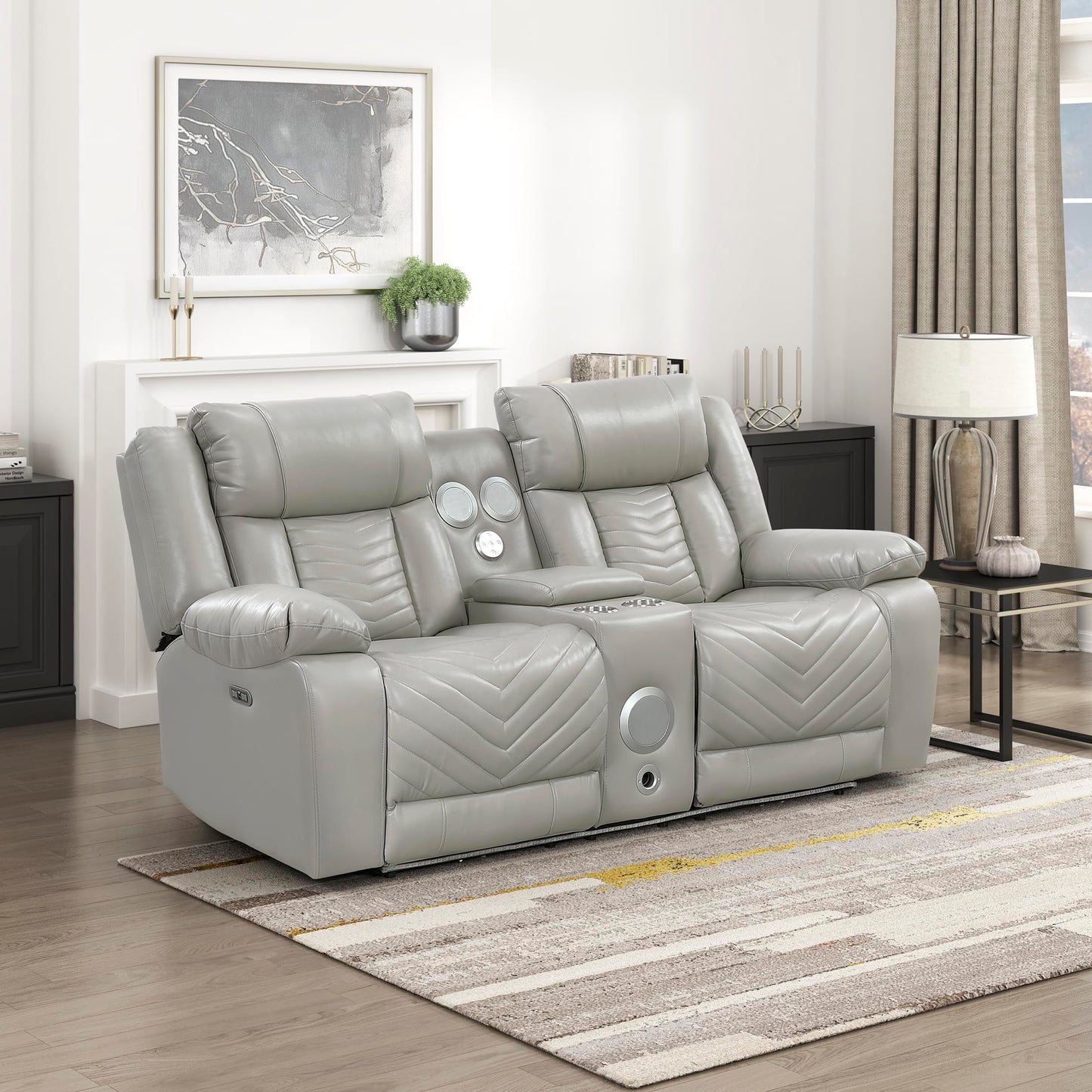 Lexicon Wall Hugger Power Double Reclining Loveseat with Console, Faux Leather Home Theater Seating with LED Lighting, Charging Ports, Bluetooth Speaker Wireless, Cup Holders, Hidden Storage, Gray